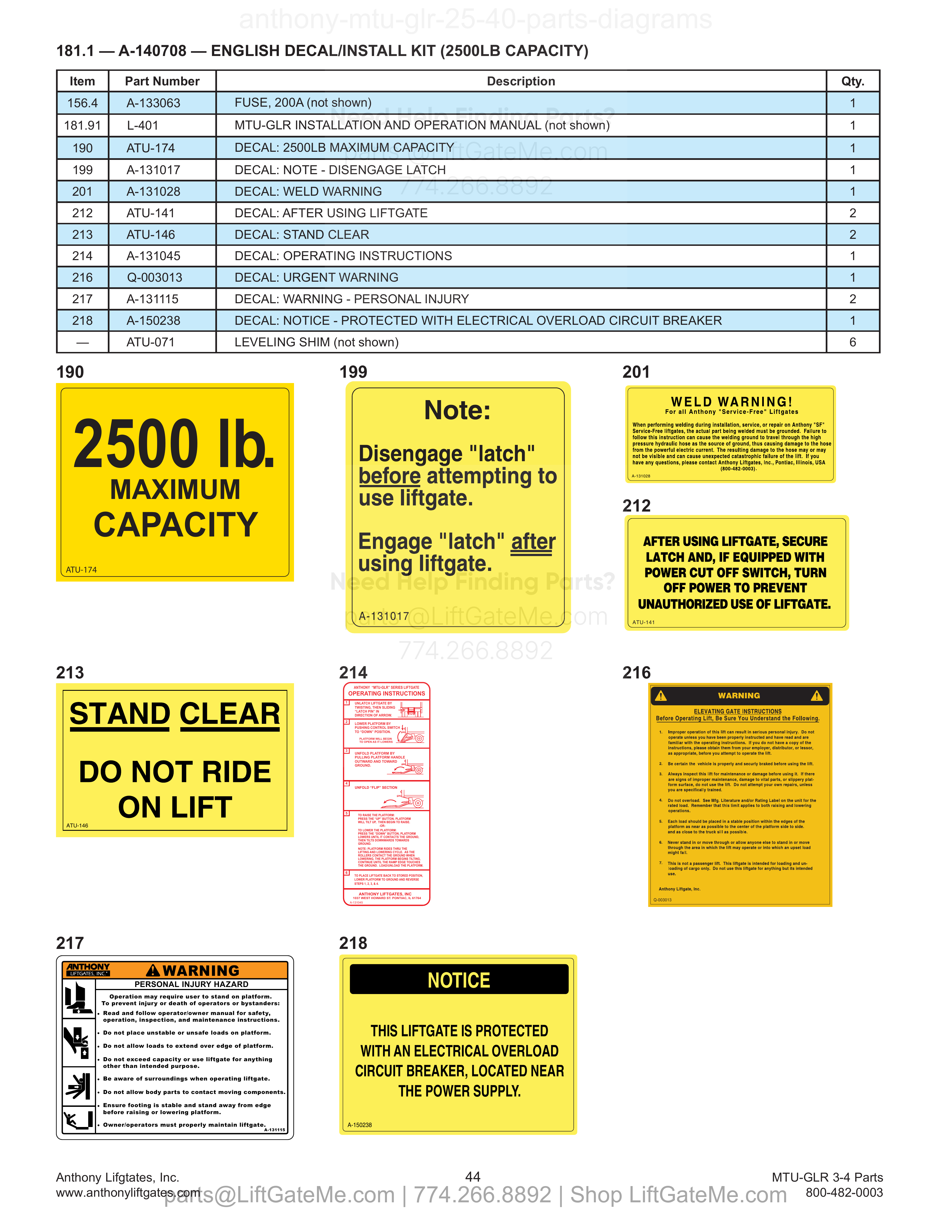 181.1 — A-140708 — ENGLISH DECAL/INSTALL KIT (2500LB CAPACITY) diagram