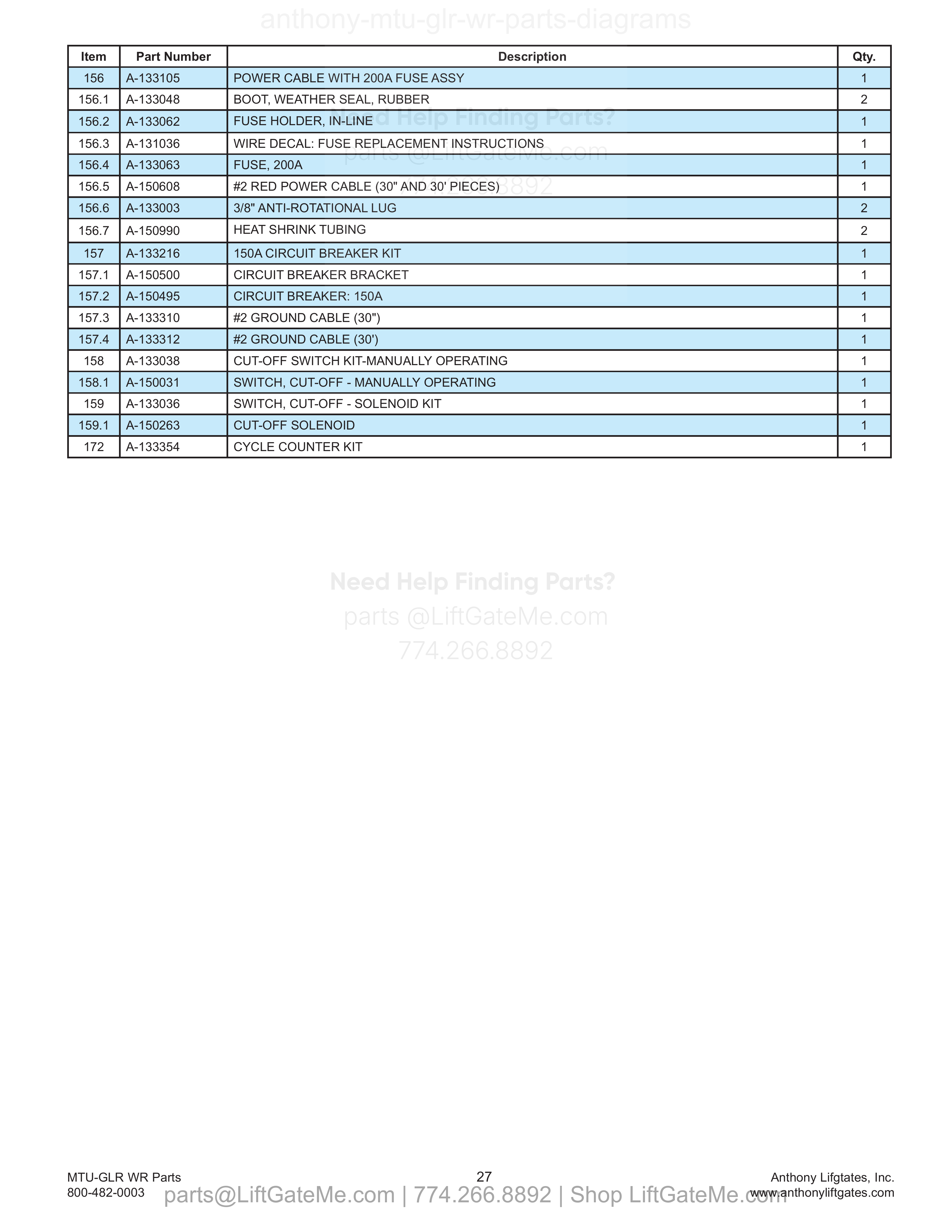 13. Fuse Assembly and Miscellaneous Accessories parts table