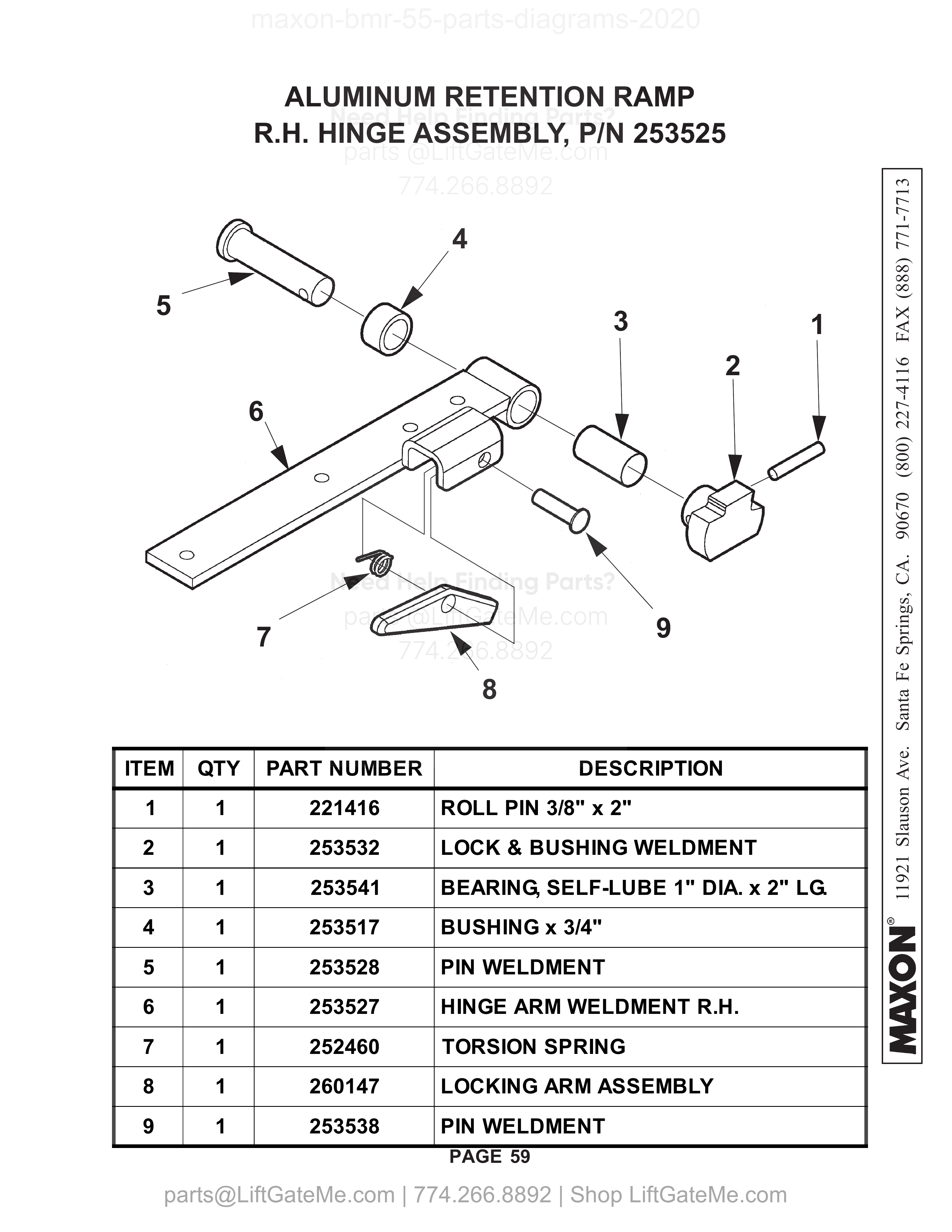 ALUMINUM RETENTION RAMP R.H. HINGE ASSEMBLY, P/N 253525 diagram