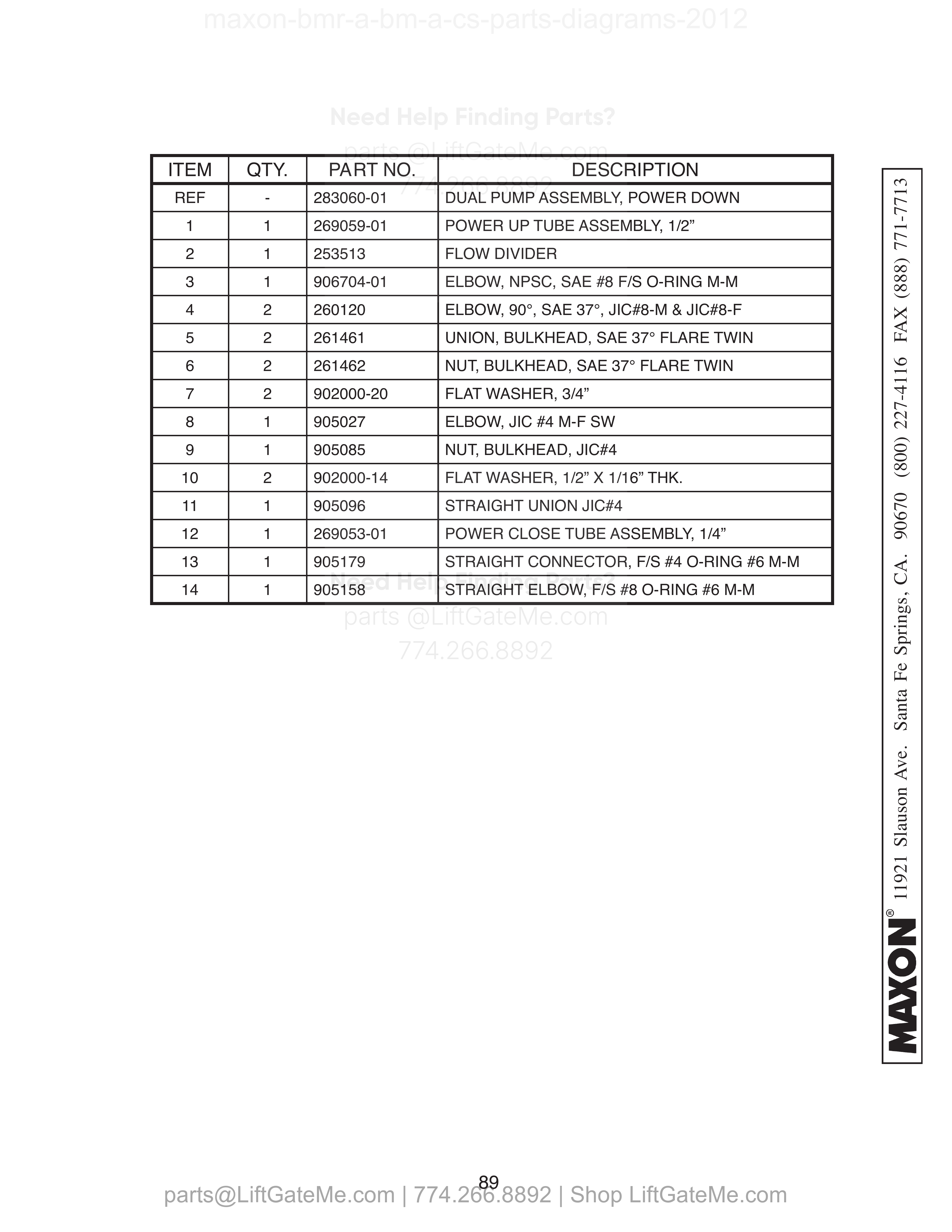 HYDRAULIC COMPONENTS - DUAL PUMP ASSEMBLY (POWER DOWN) parts table