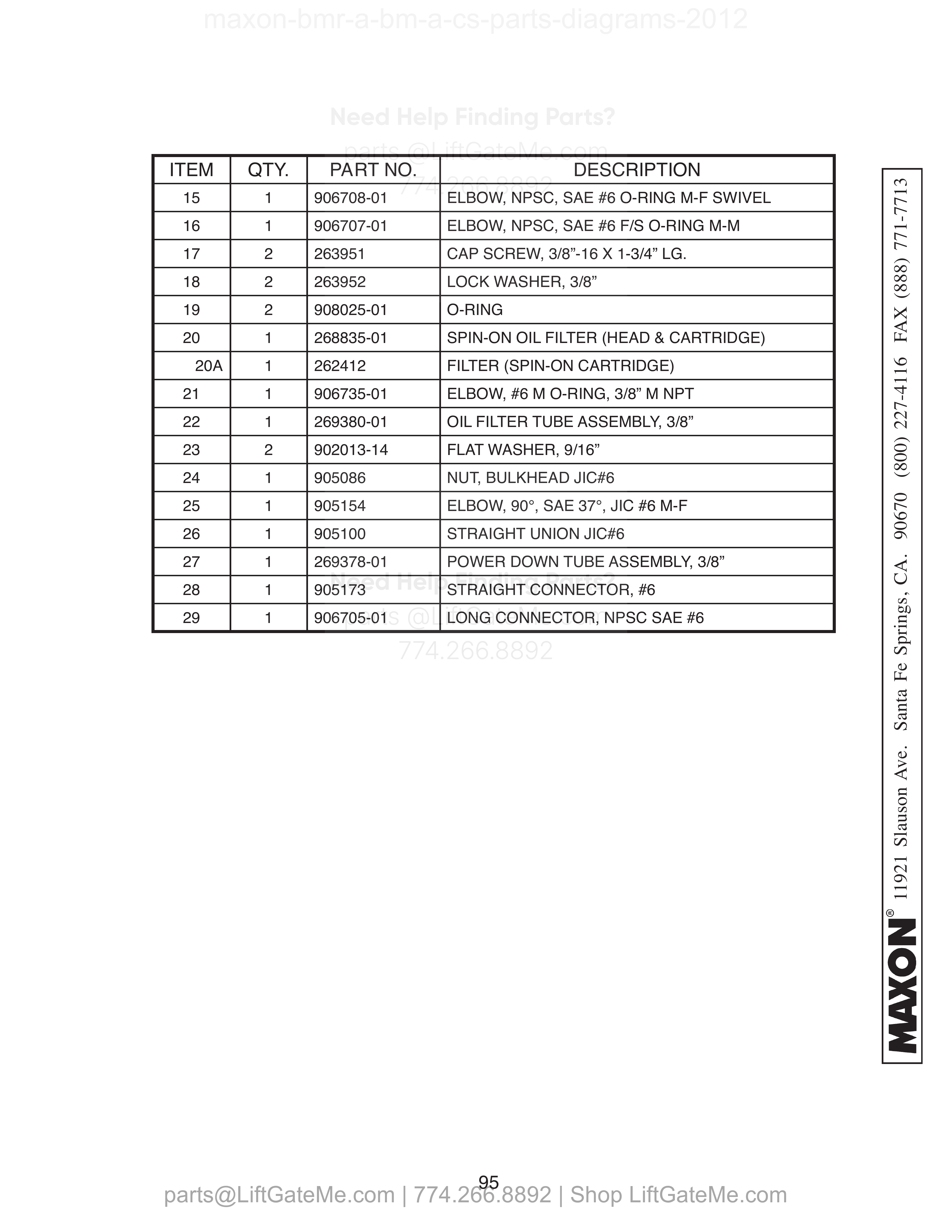 SINGLE PUMP ASSEMBLY (POWER DOWN) - Continued parts table