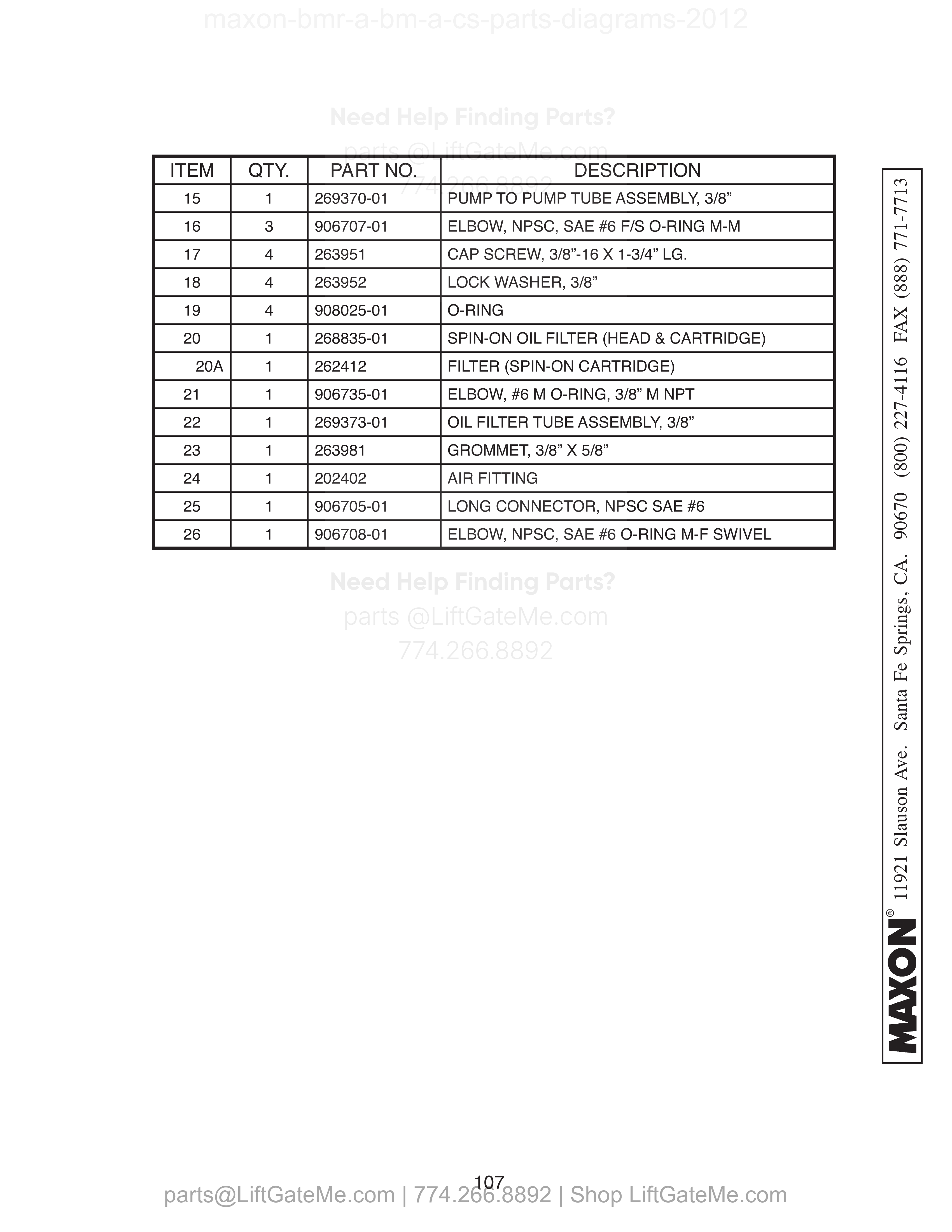 DUAL PUMP ASSEMBLY (GRAVITY DOWN) - Continued parts table