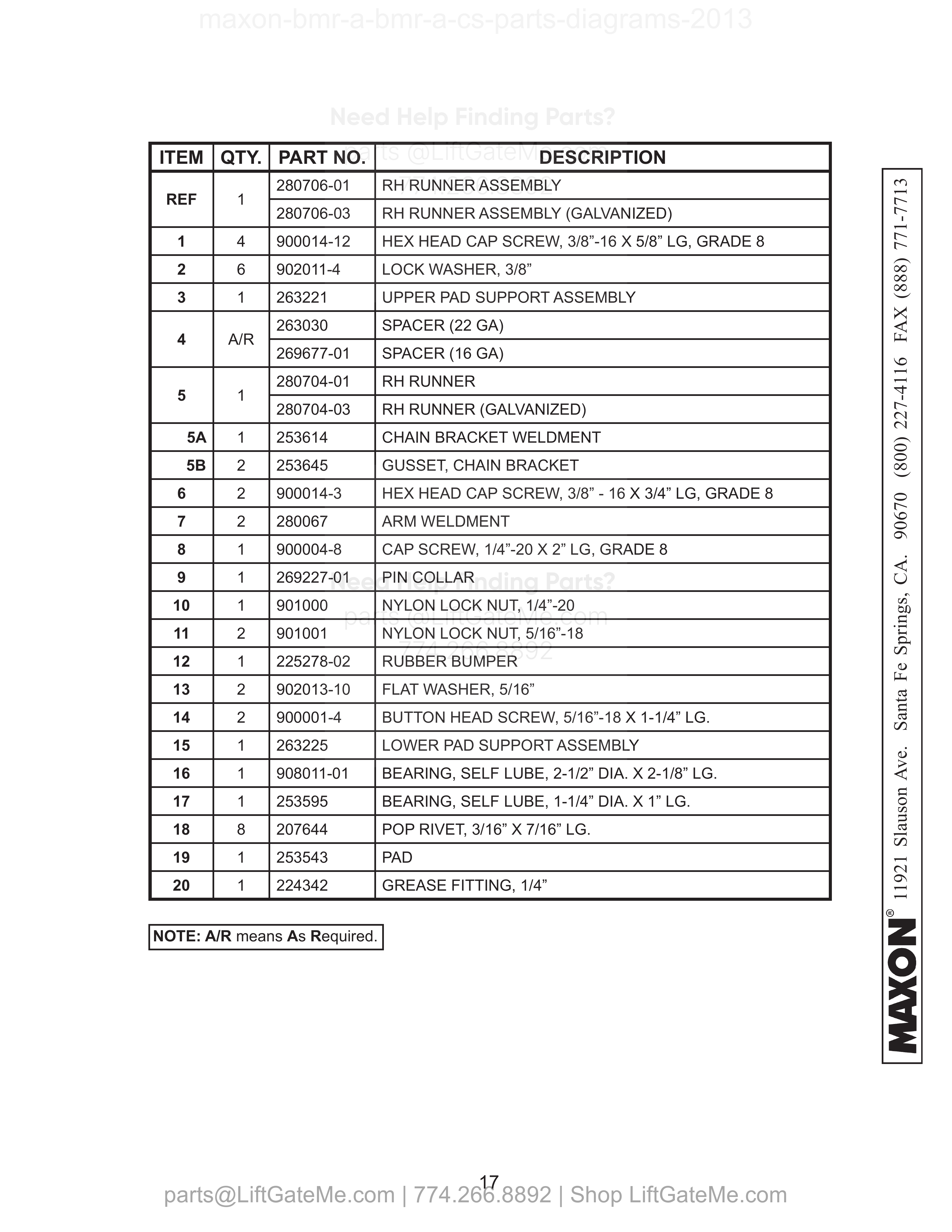 RH RUNNER ASSEMBLY (BMR-A) parts table
