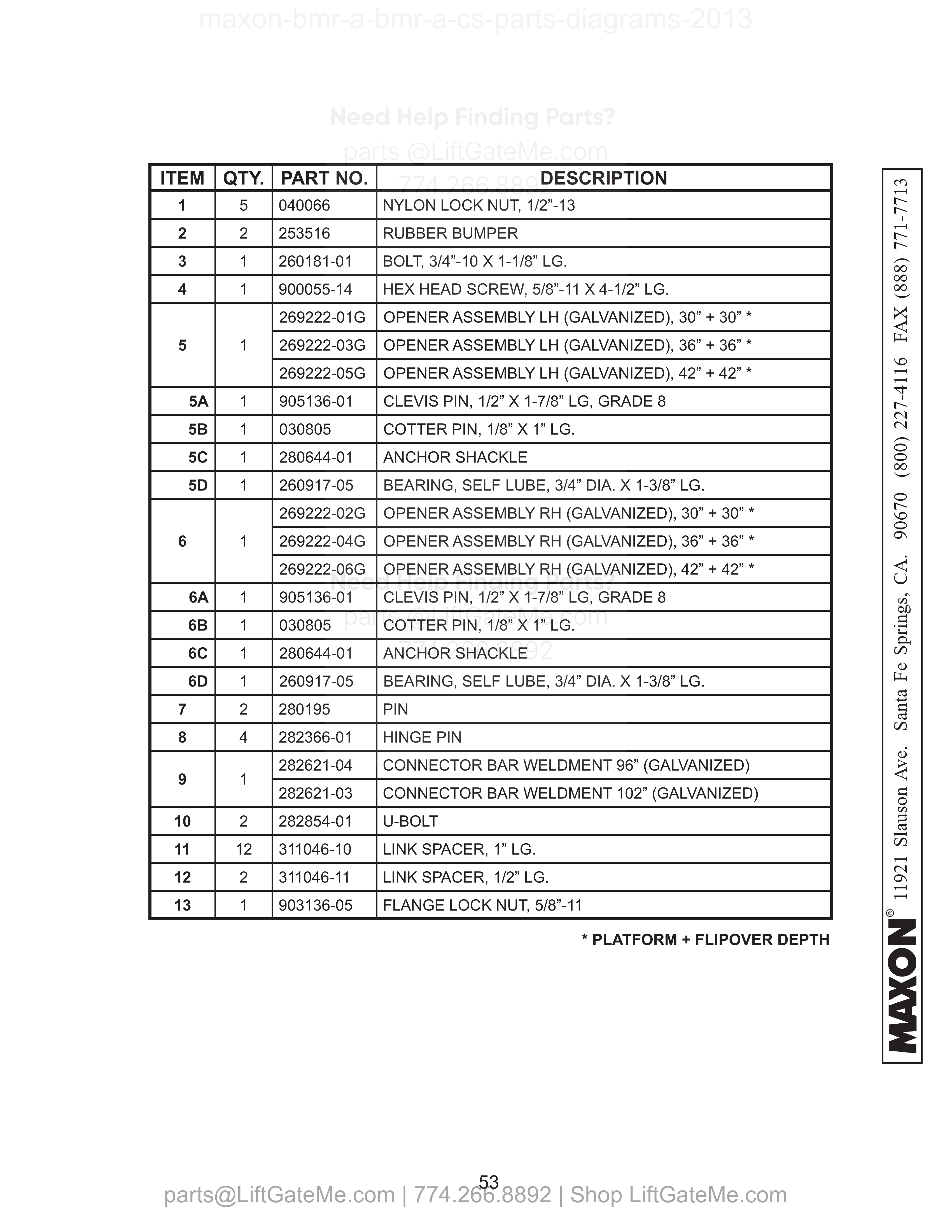 PLATFORM, FLIPOVER, AND CHAIN ASSEMBLY - 2 (ALUMINUM) parts table