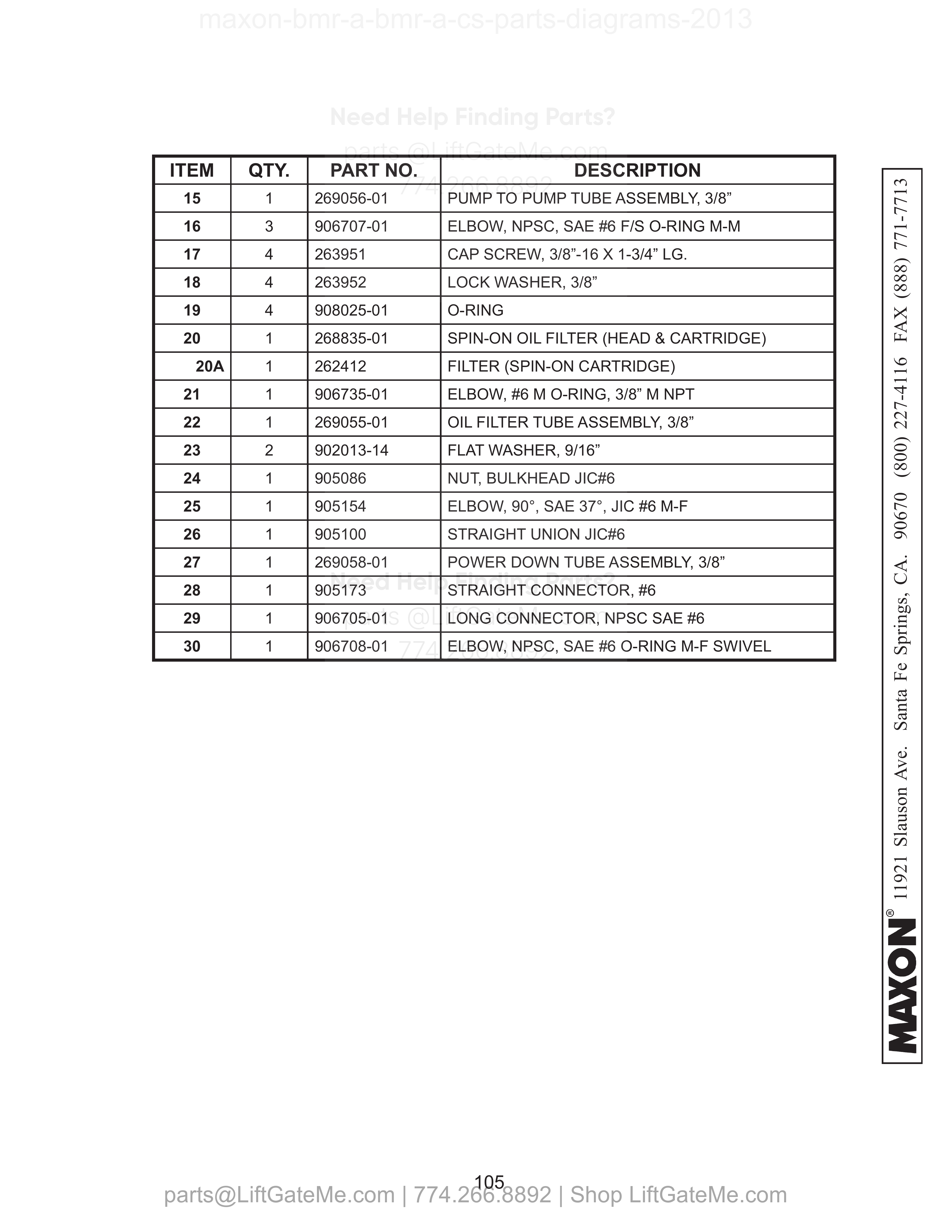 DUAL PUMP ASSEMBLY (POWER DOWN) - Continued parts table