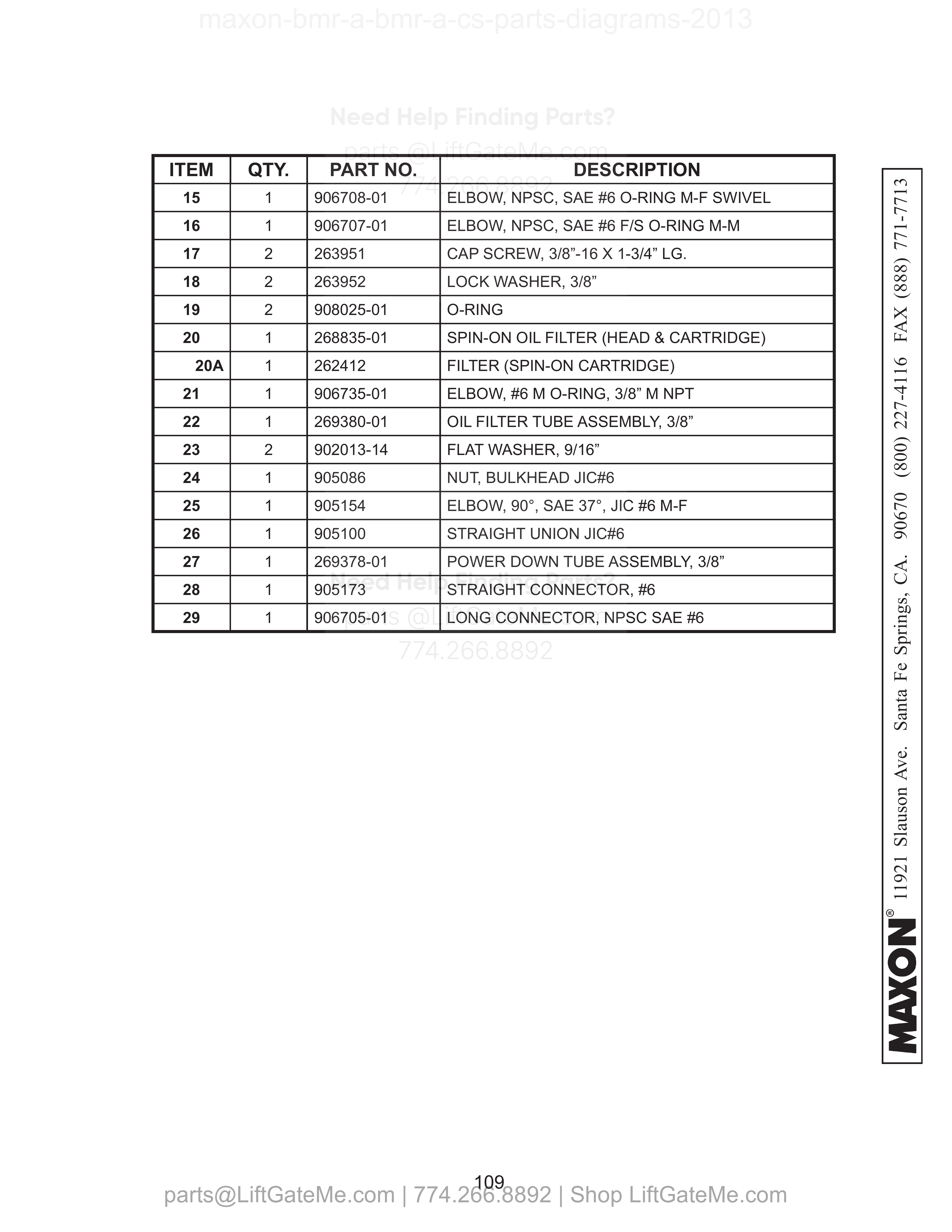 SINGLE PUMP ASSEMBLY (POWER DOWN) - Continued parts table