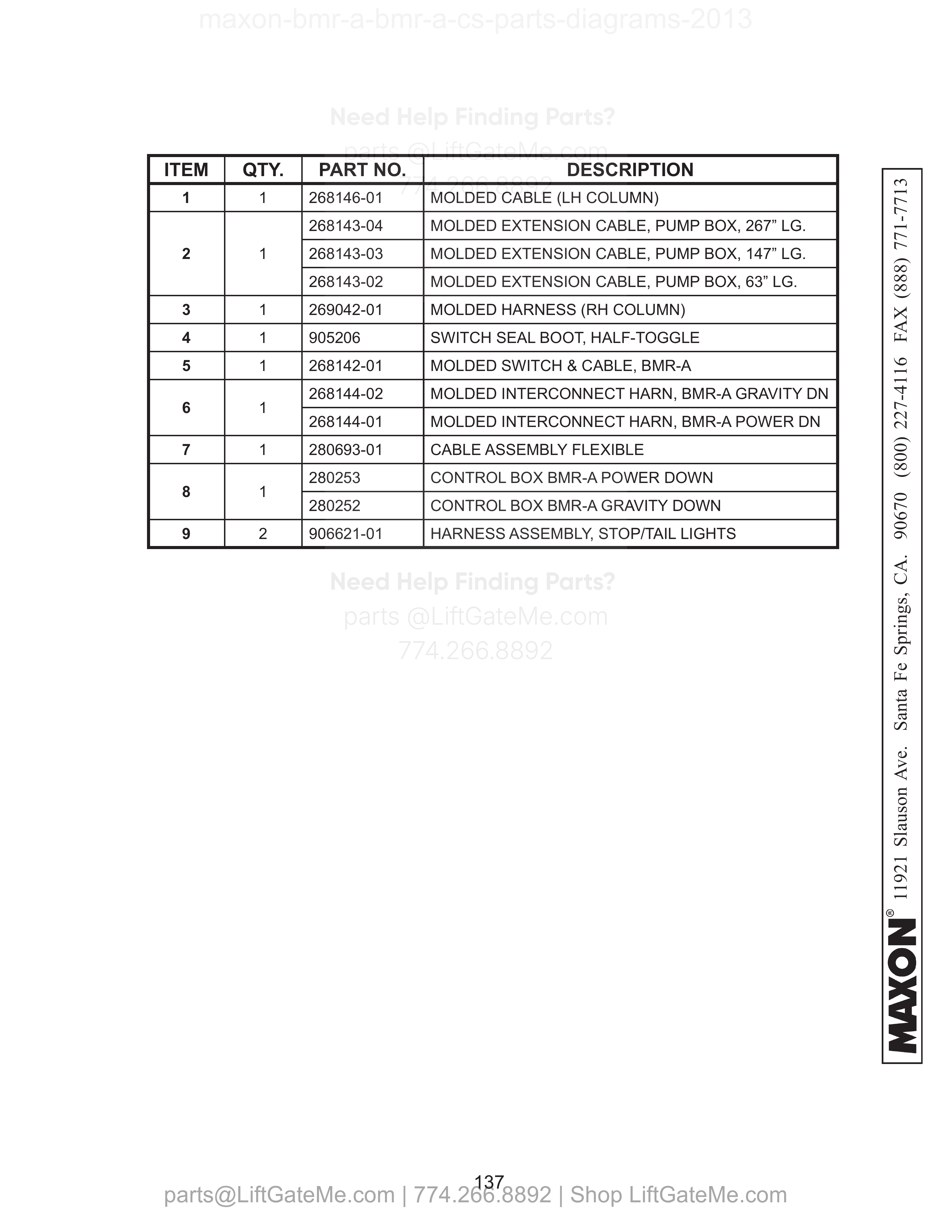 ELECTRICAL COMPONENTS SECTION parts table