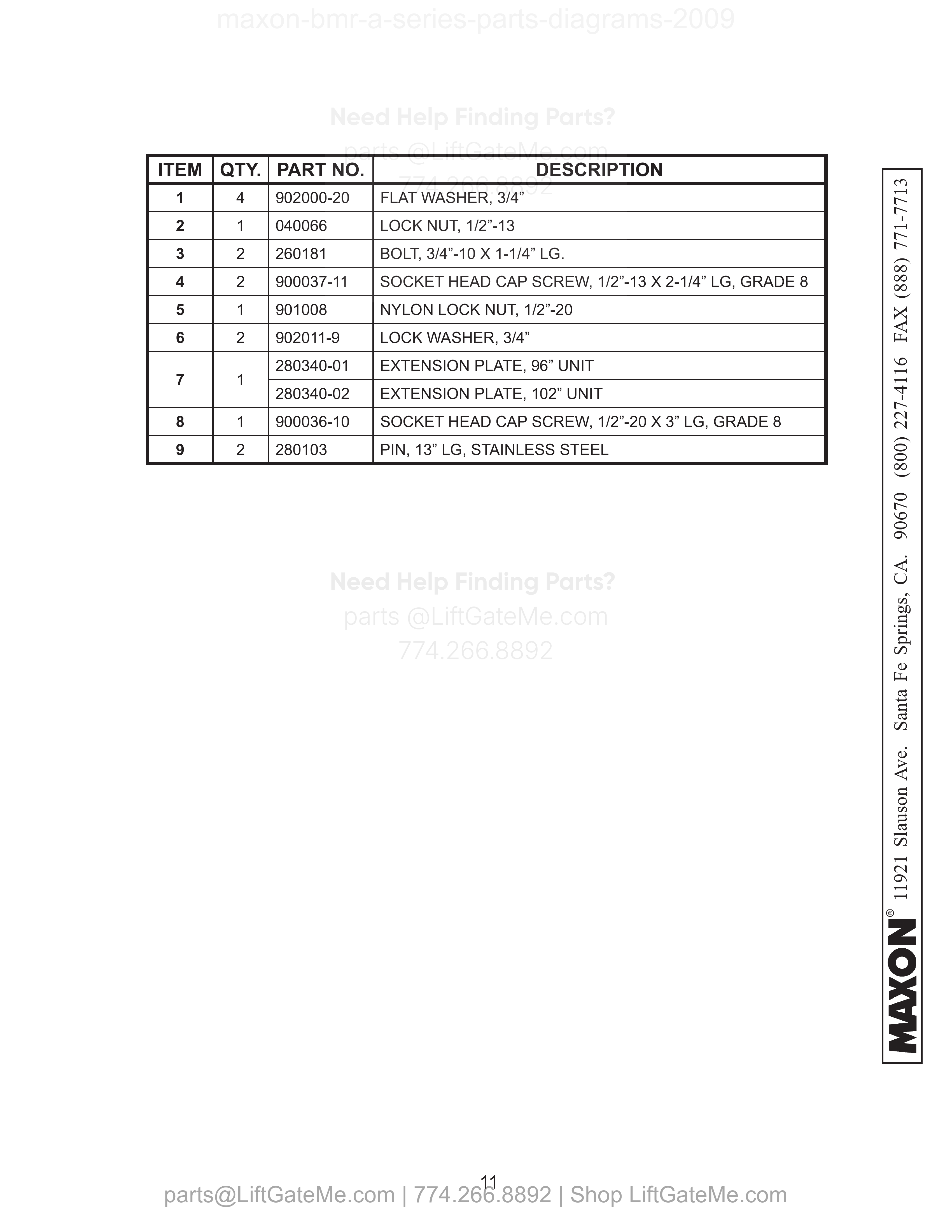 MAIN FRAME & ATTACHING HARDWARE (BMR-A) - STEEL PLATFORM parts table