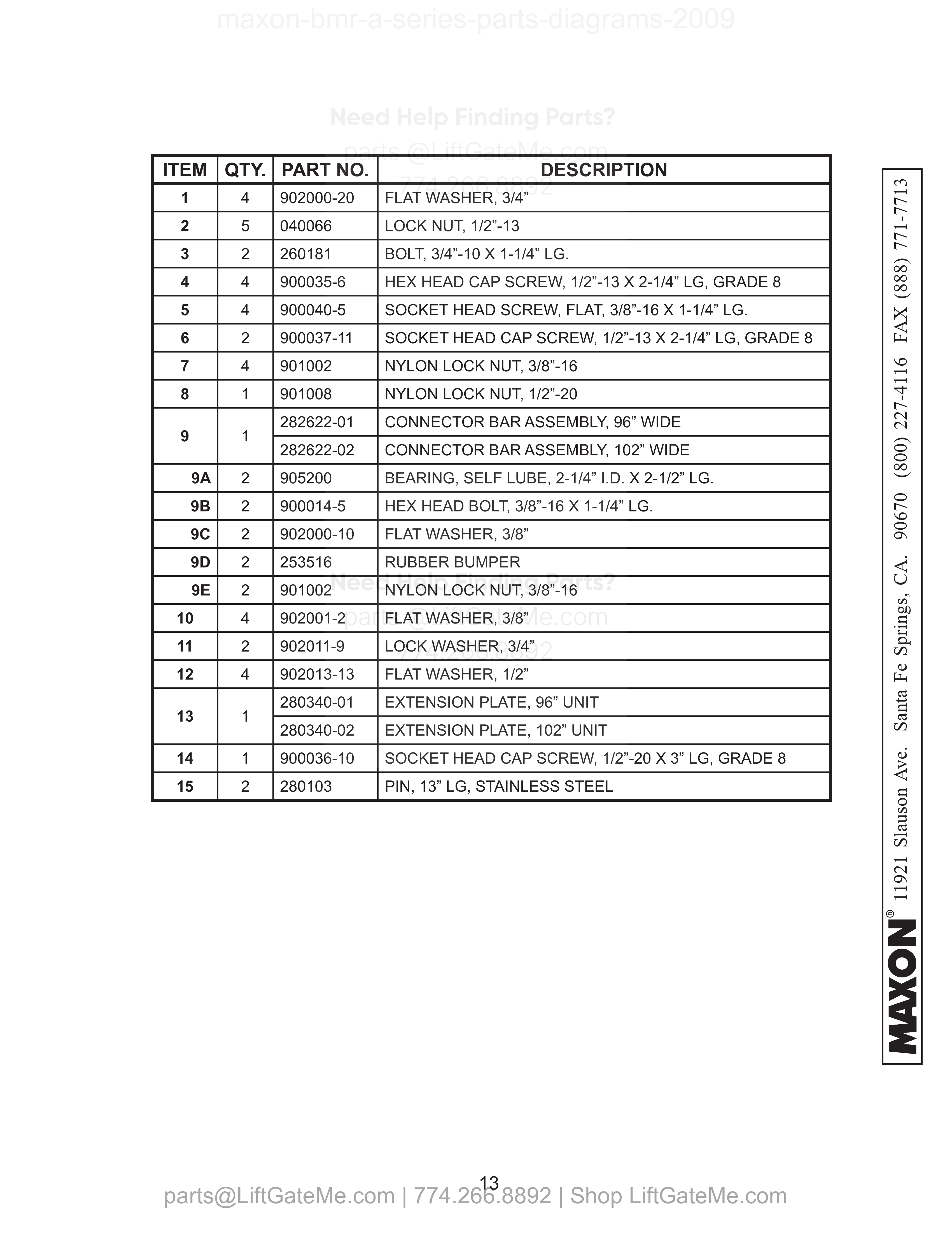 MAIN FRAME & ATTACHING HARDWARE (BMR-A) - ALUMINUM PLATFORM parts table