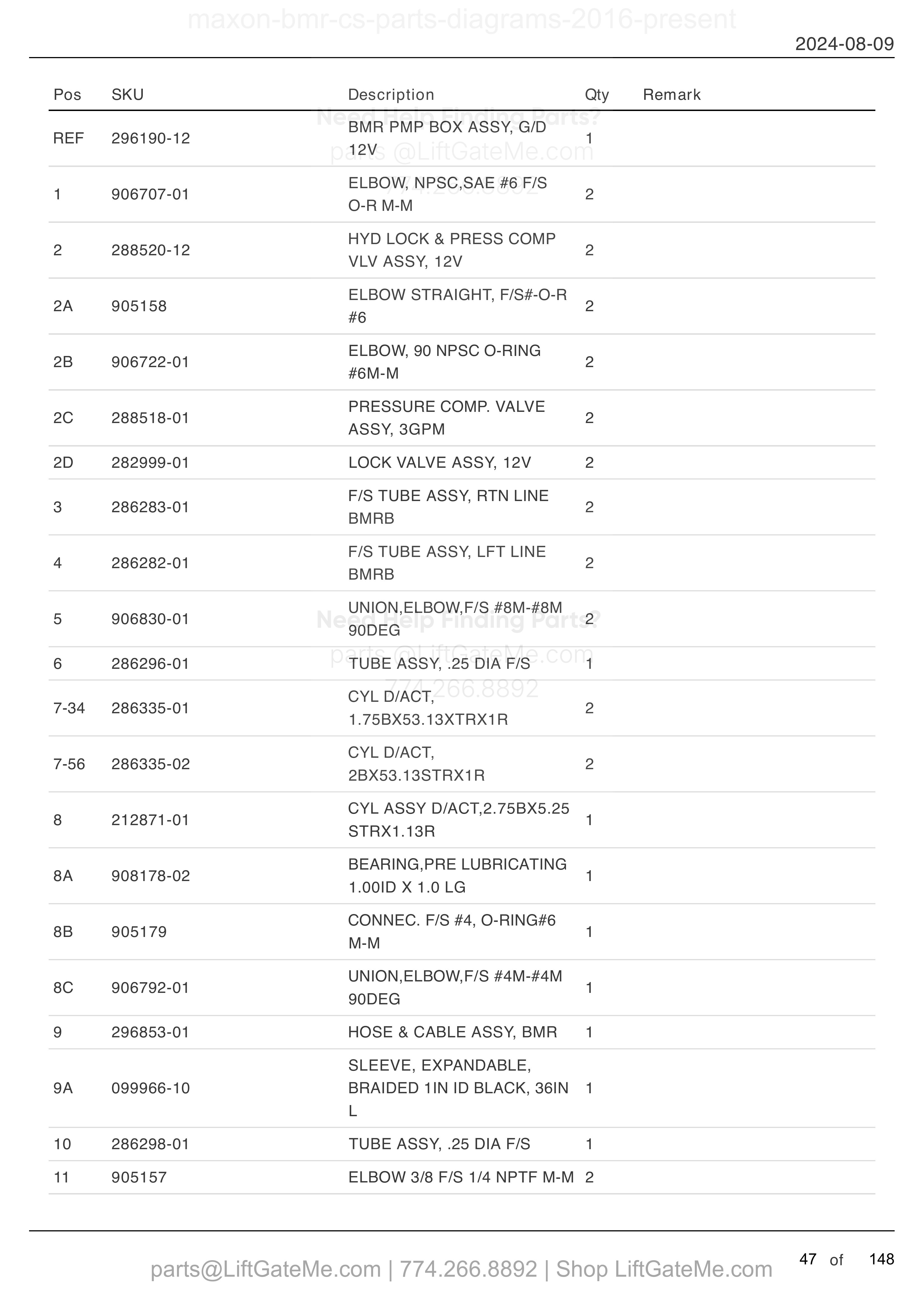 HYDRAULIC SYSTEMS - GRAVITY DOWN (MTE HYDRAULICS) parts table