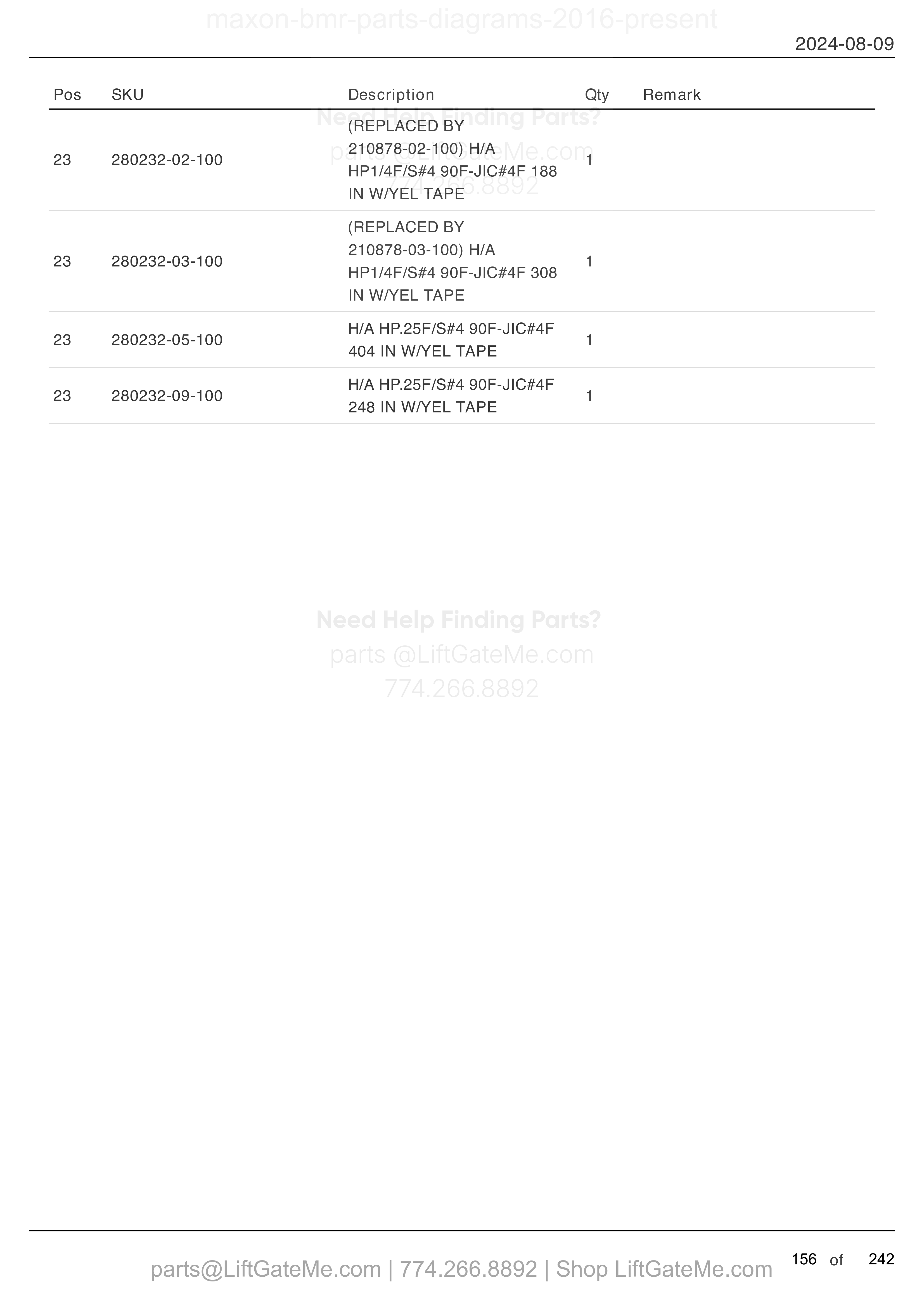 HYDRAULIC SYSTEMS - POWER DOWN (MTE HYDRAULICS) (continued) parts table
