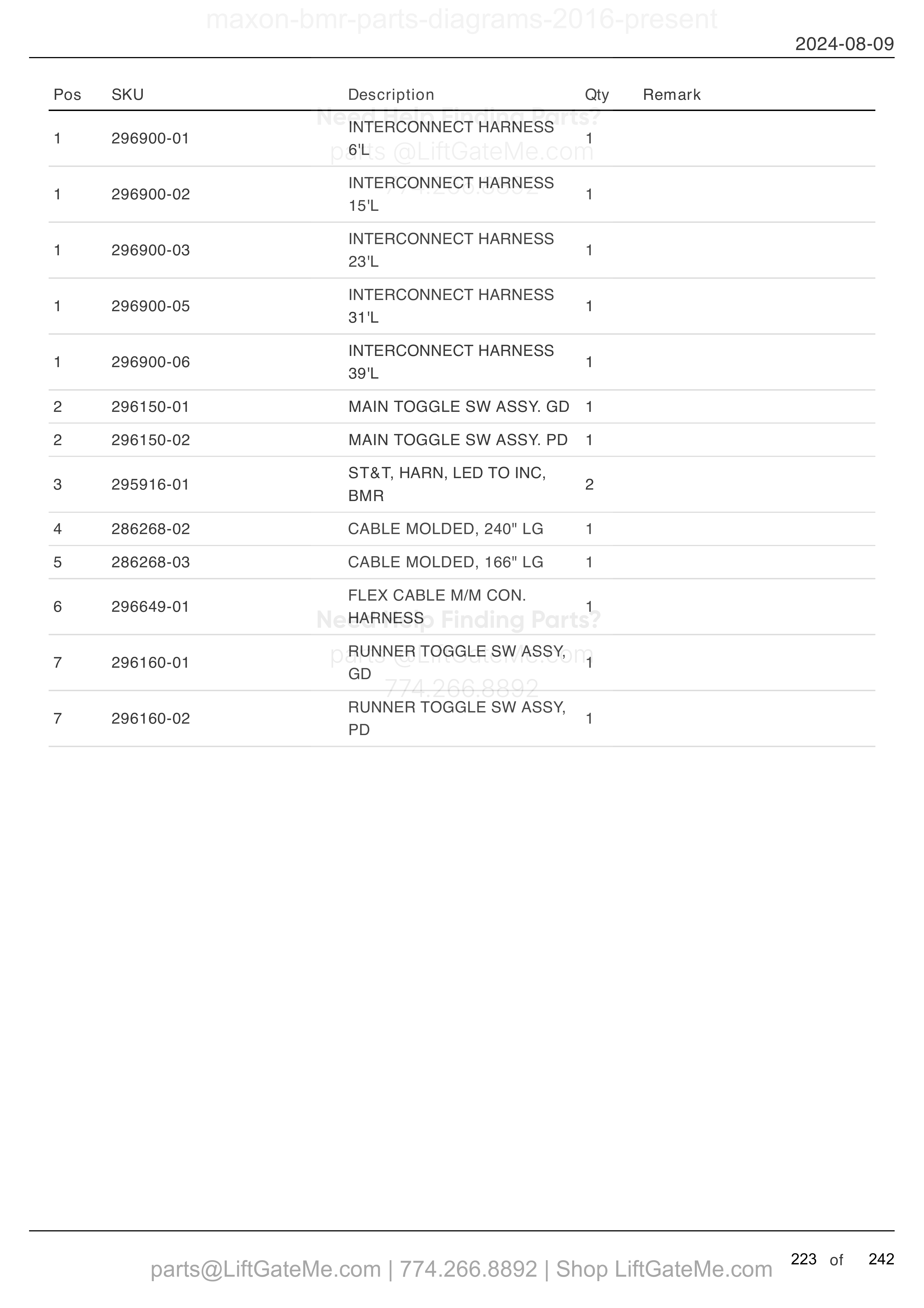 ELECTRICAL SYSTEMS (MTE HYDRAULICS) parts table