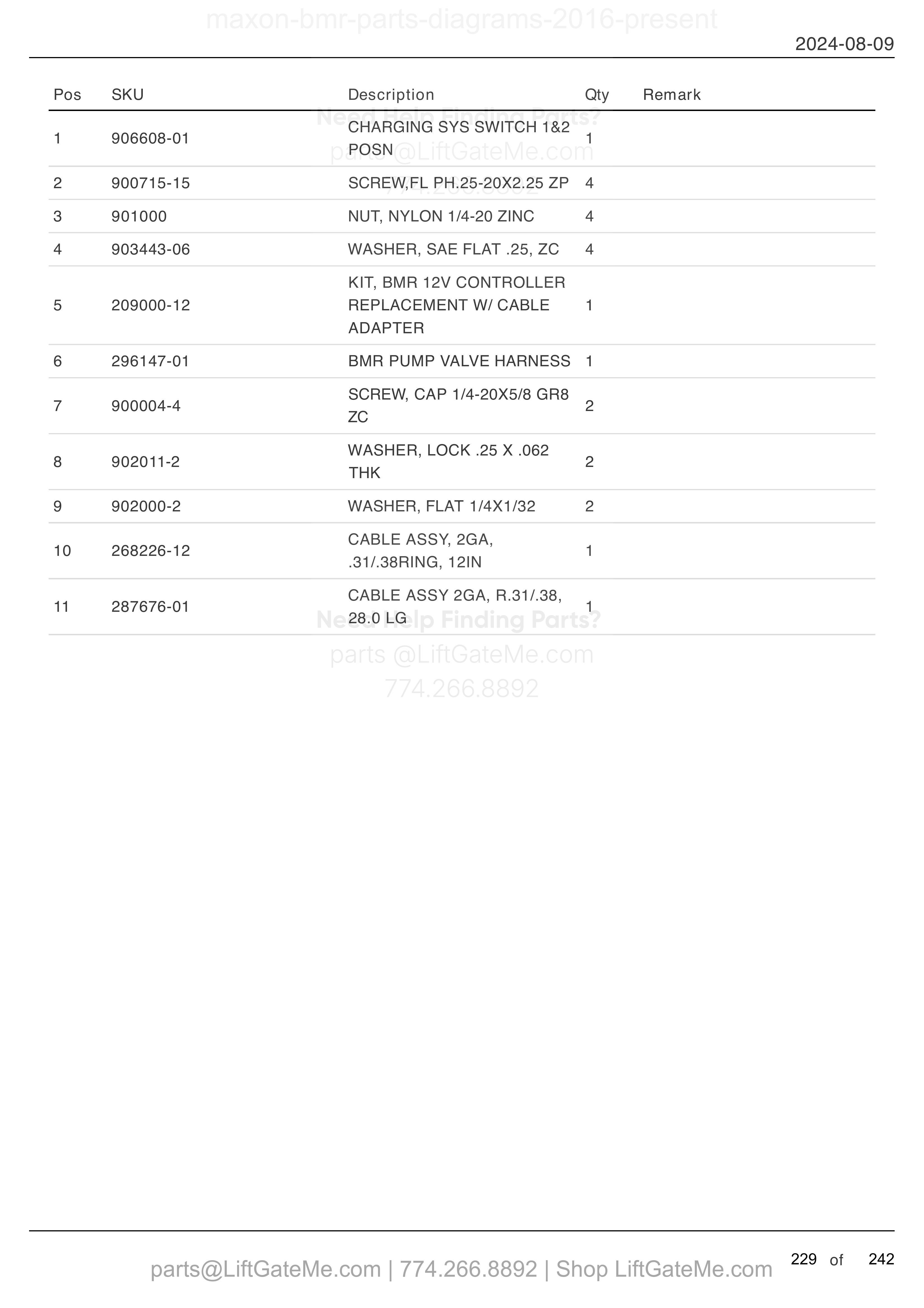ELECTRICAL COMPONENTS - PUMP ASSEMBLY (MTE HYDRAULICS) parts table