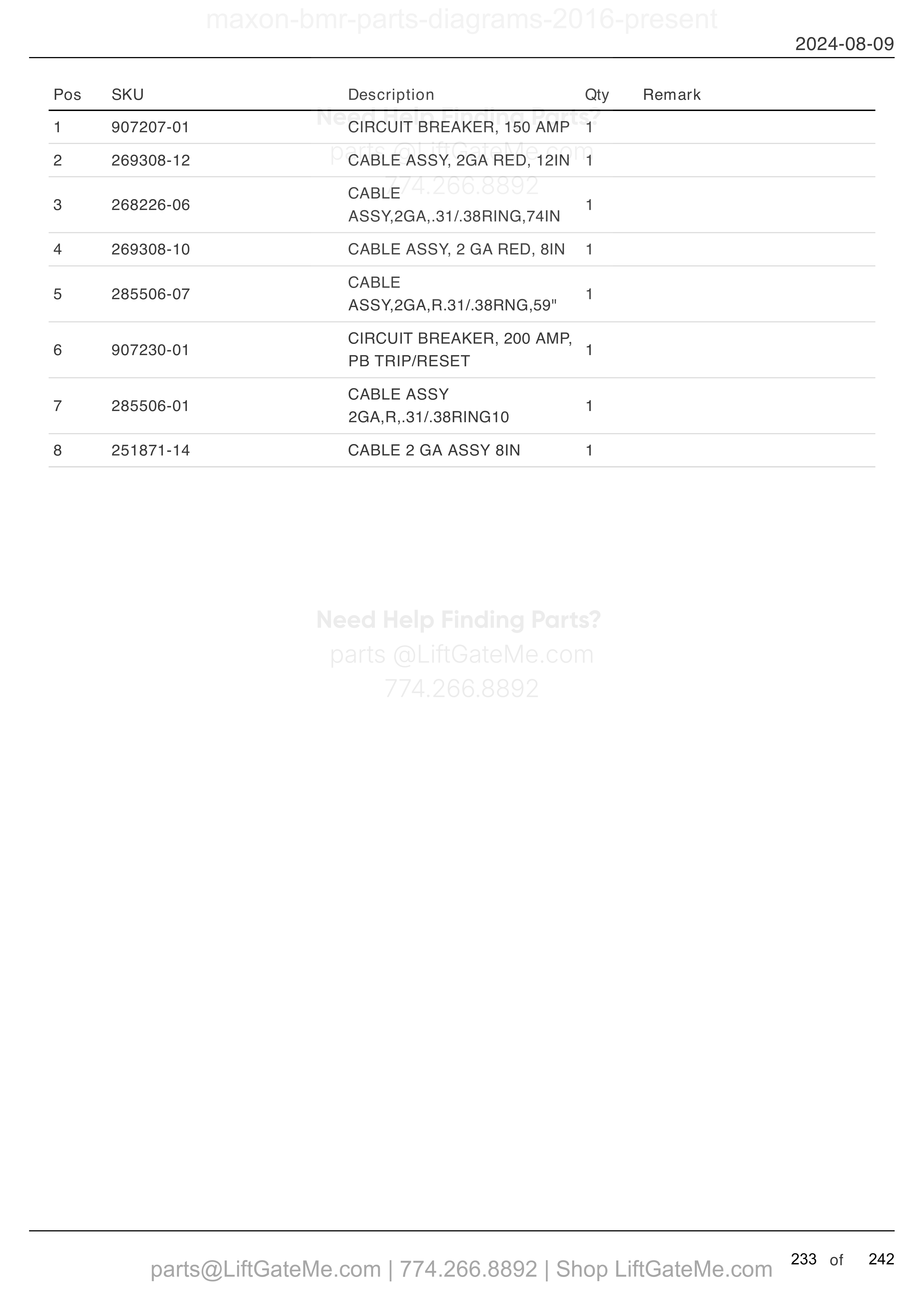 OPTIONAL BATTERY BOX ELECTRICAL COMPONENTS parts table