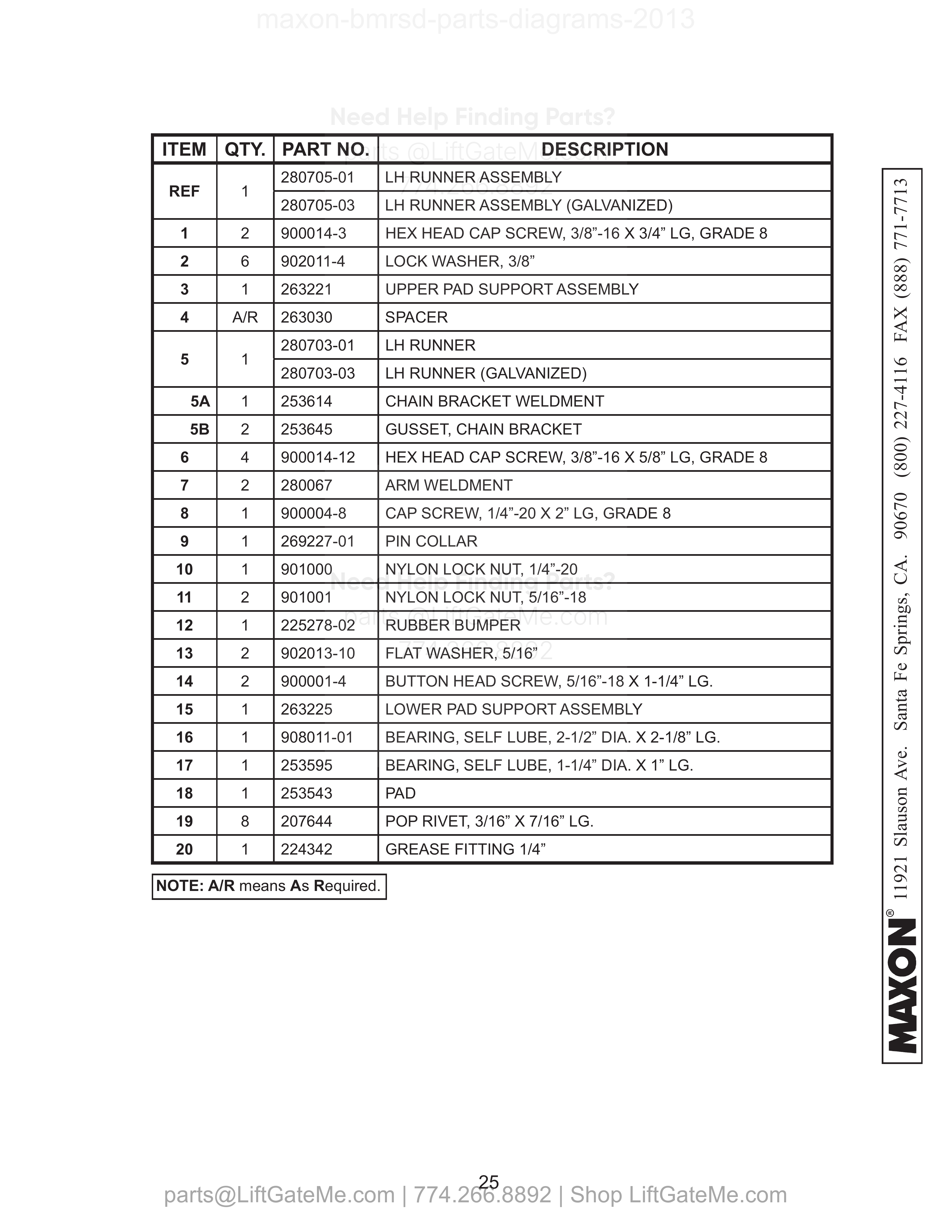 LH RUNNER ASSEMBLY parts table