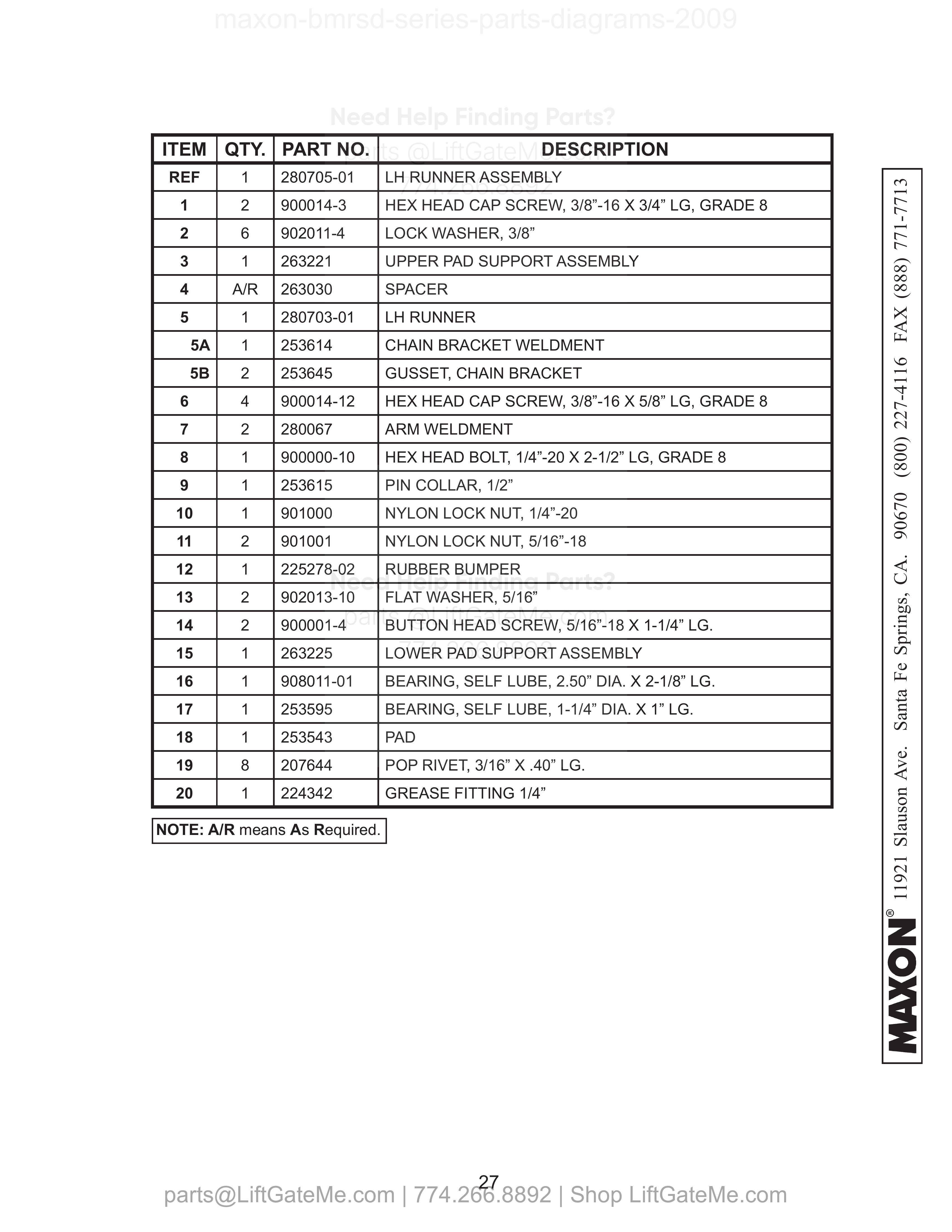 LH RUNNER ASSEMBLY parts table