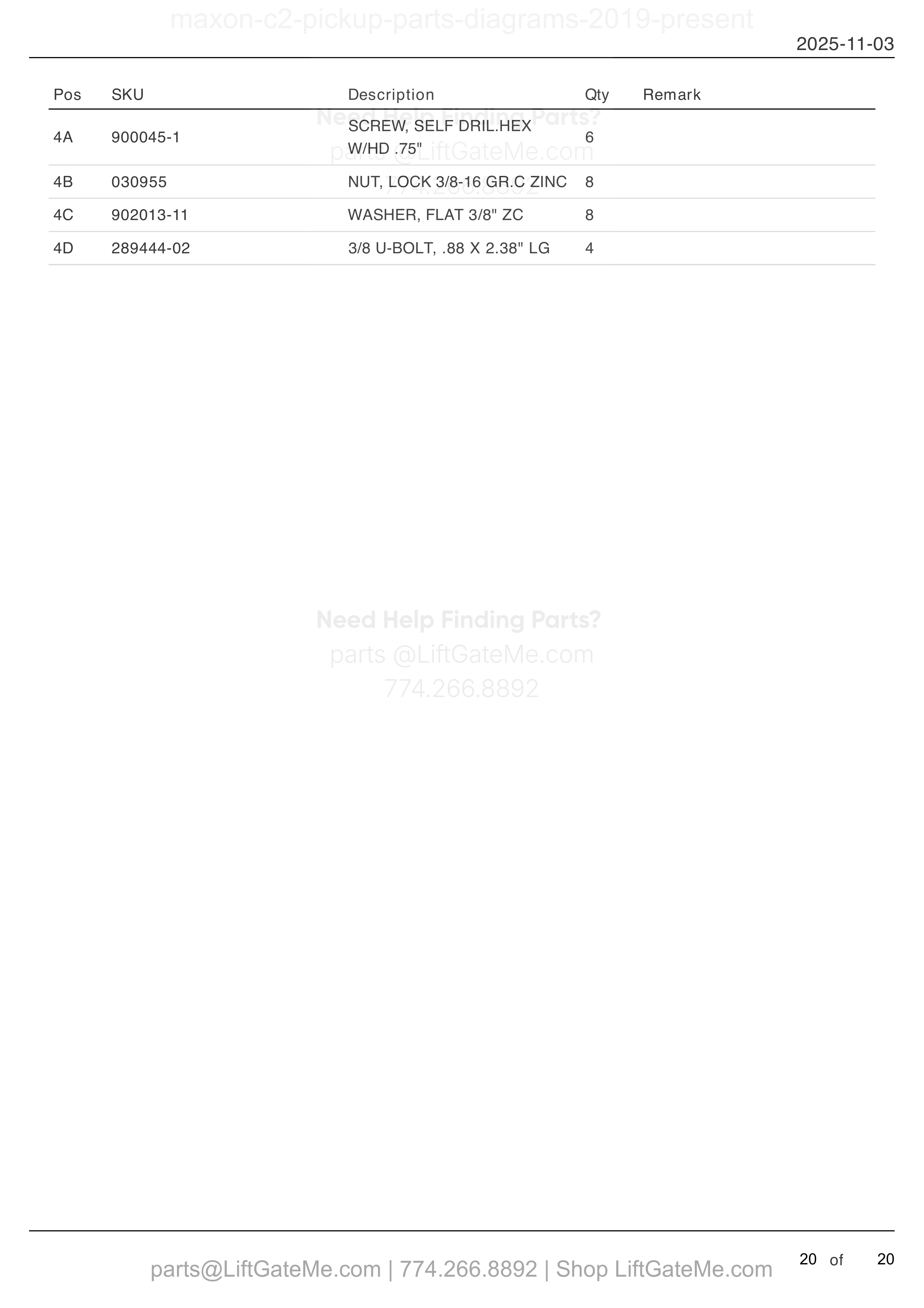 TIRE RACK ASSEMBLY (OPTION) (continued) parts table