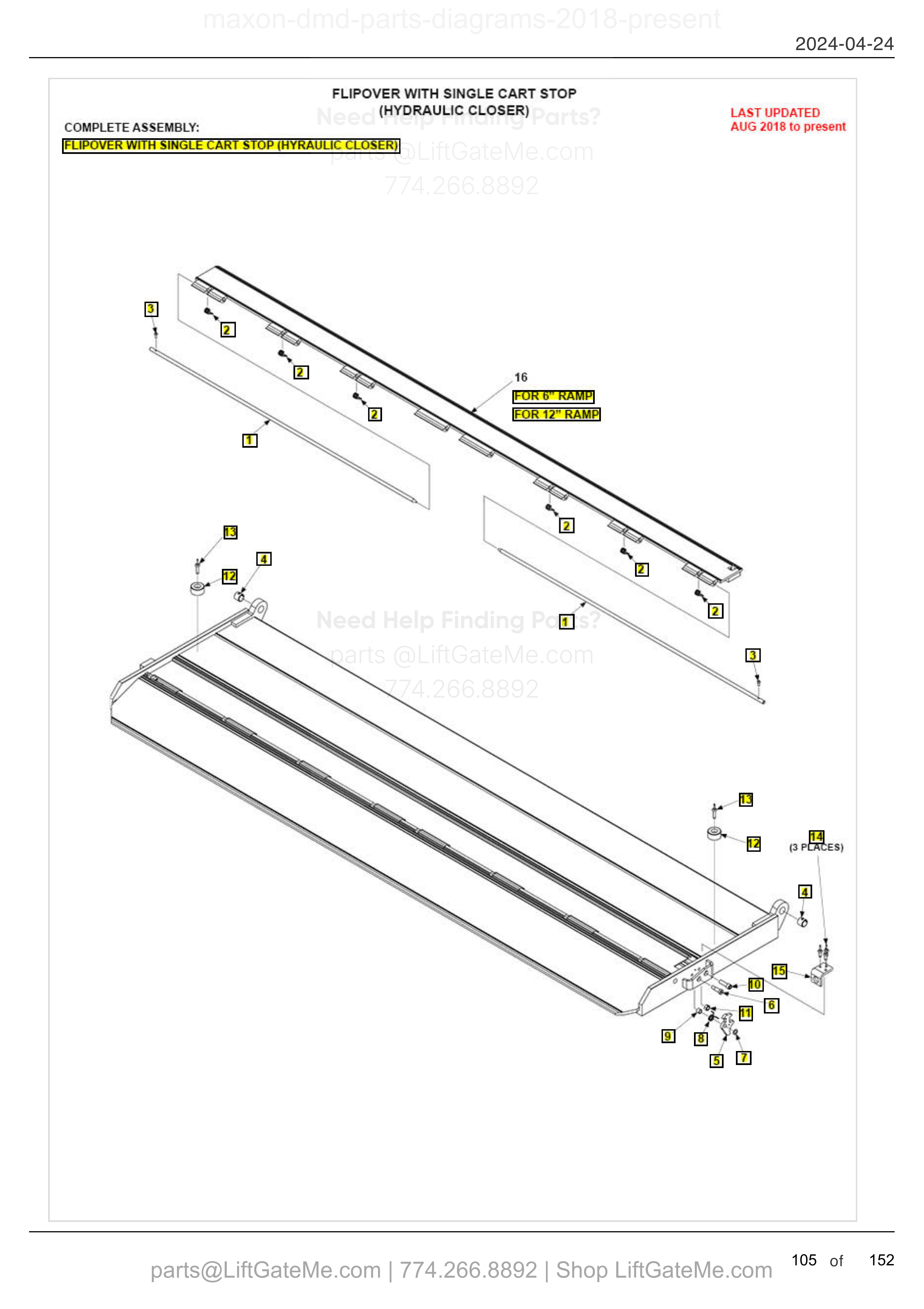 FLIPOVER WITH SINGLE CART STOP (HYDRAULIC CLOSER) diagram