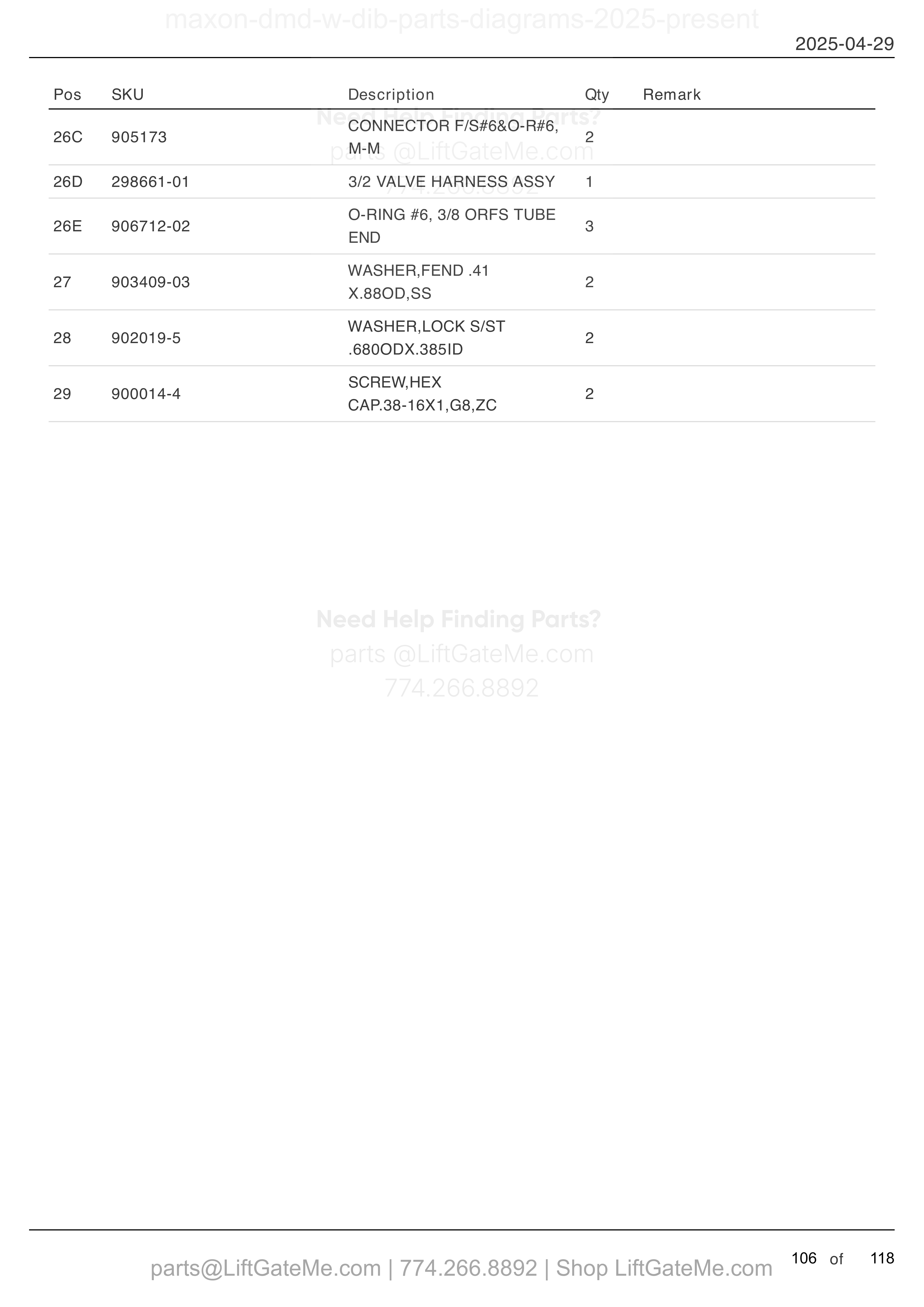 HYDRAULIC SYSTEMS (HYDRAULIC CLOSER) (continued) parts table