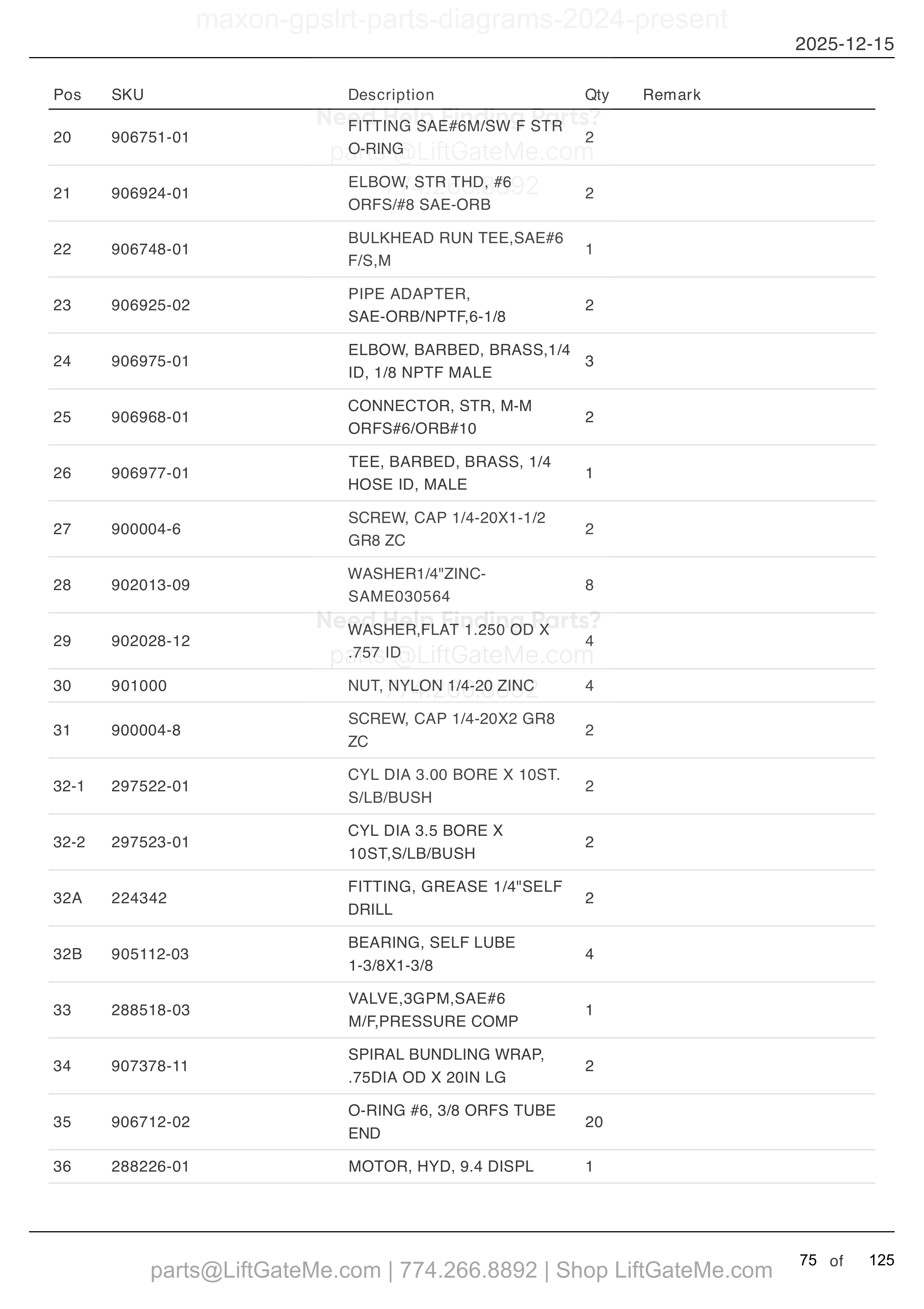 Hydraulic Systems - Gravity Down — Mar 2024 to present (continued) parts table