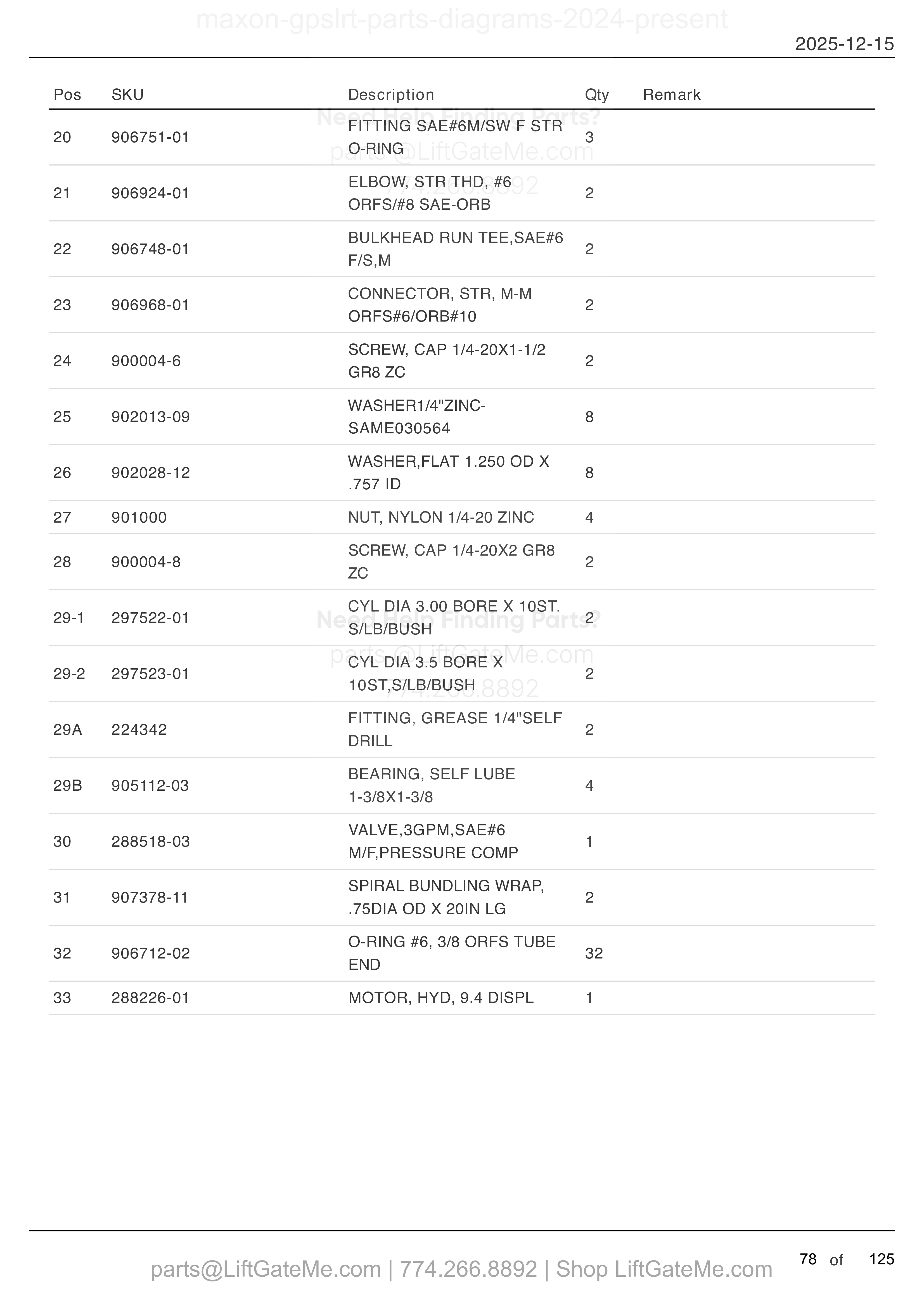 HYDRAULIC SYSTEMS - POWER DOWN — Mar 2024 to present parts table