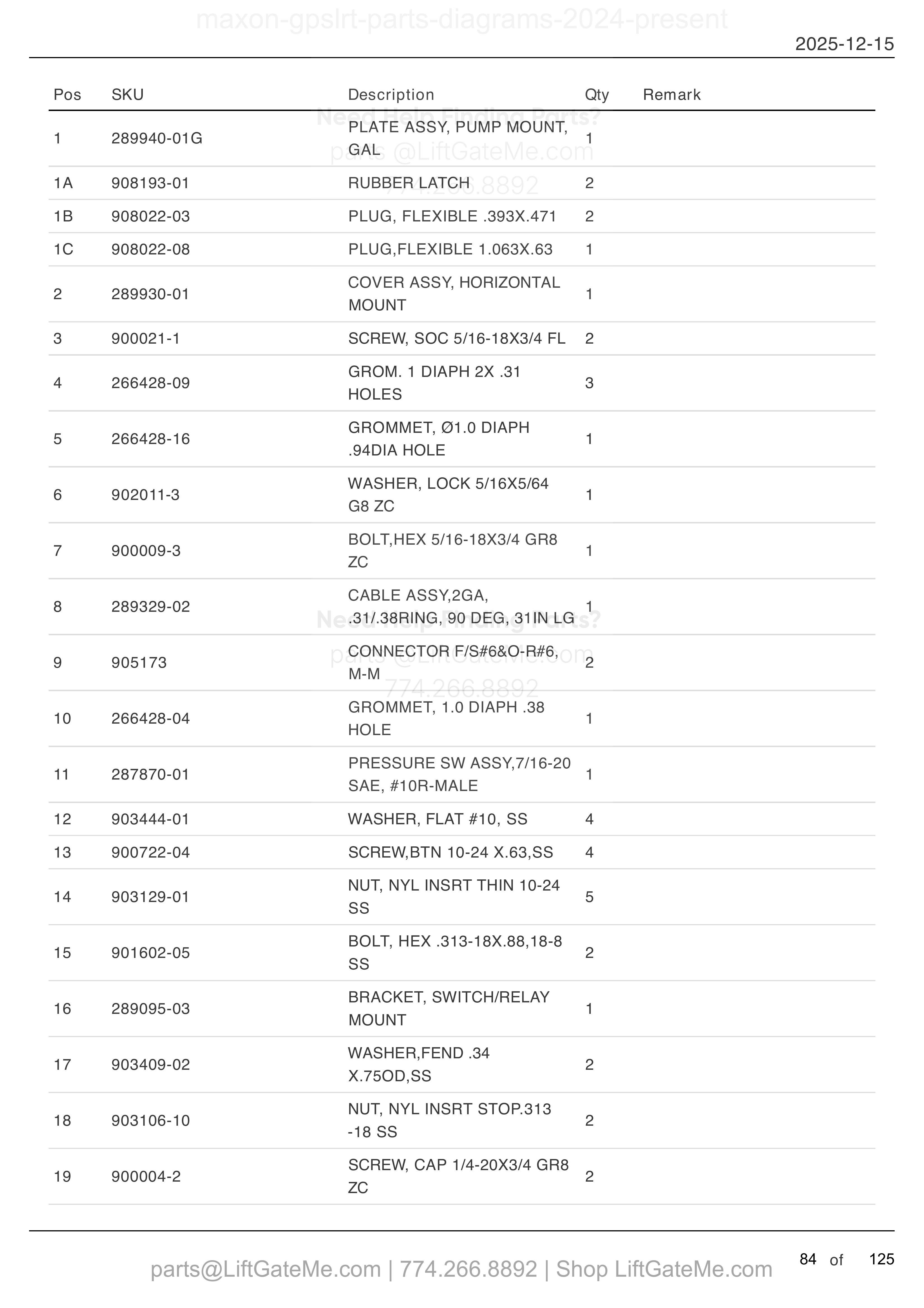 SINGLE PUMP ASSEMBLY — MAR 2024 to Aug 2025 parts table