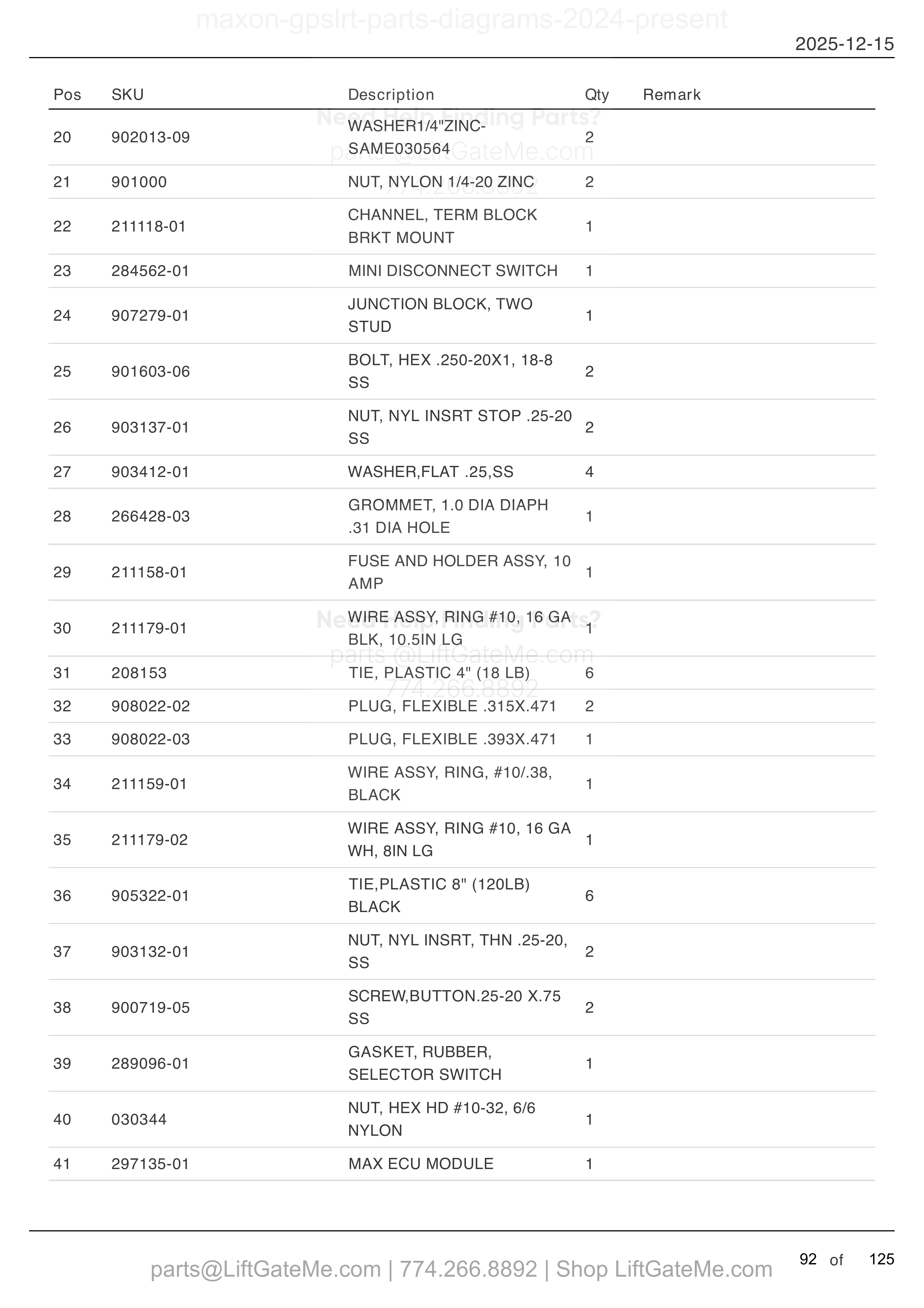 Single Pump Assembly With ECU — Mar 2024 to Aug 2025 (continued) parts table