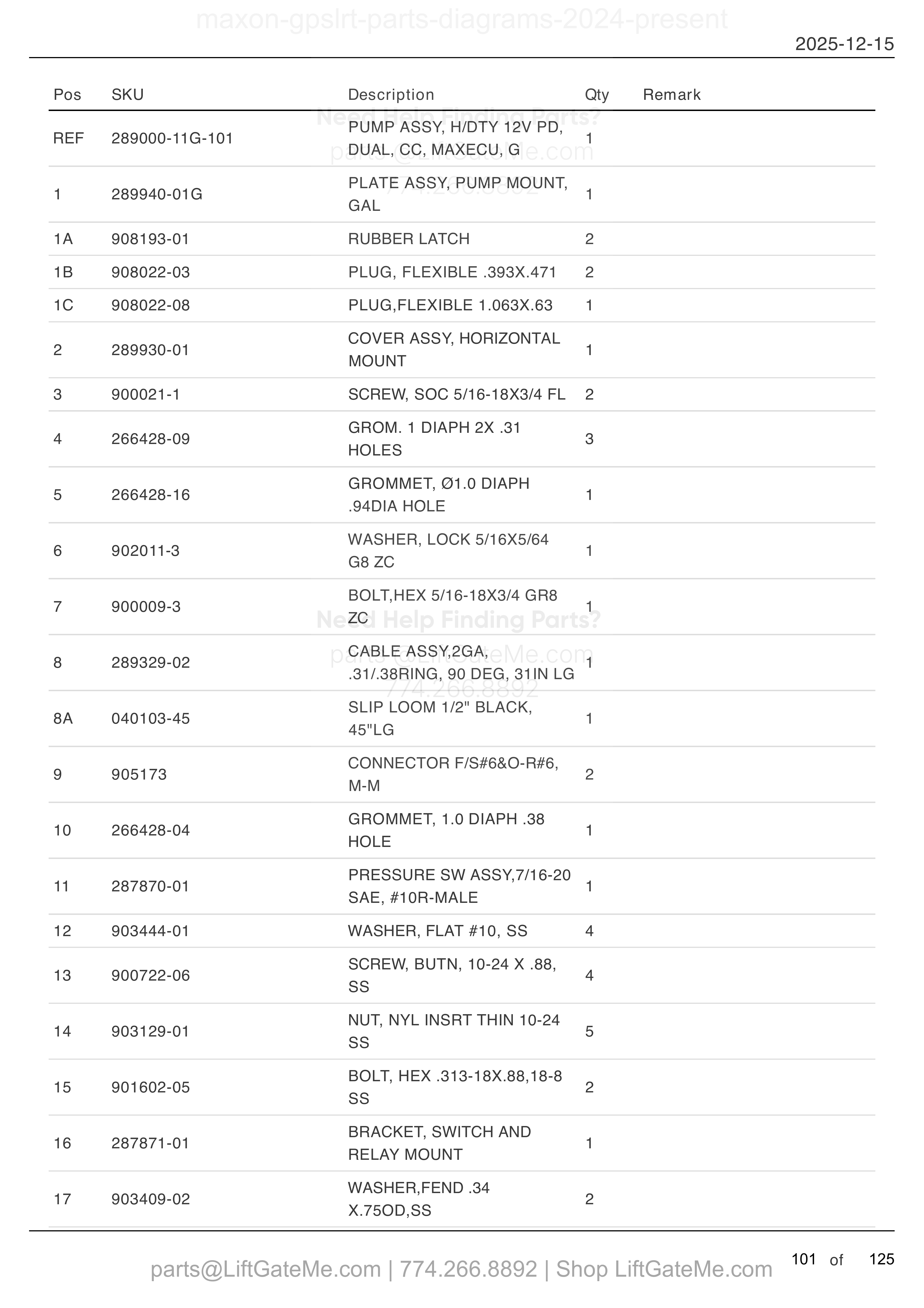 Dual Pump Assembly ECU — Sept 2025 to present parts table