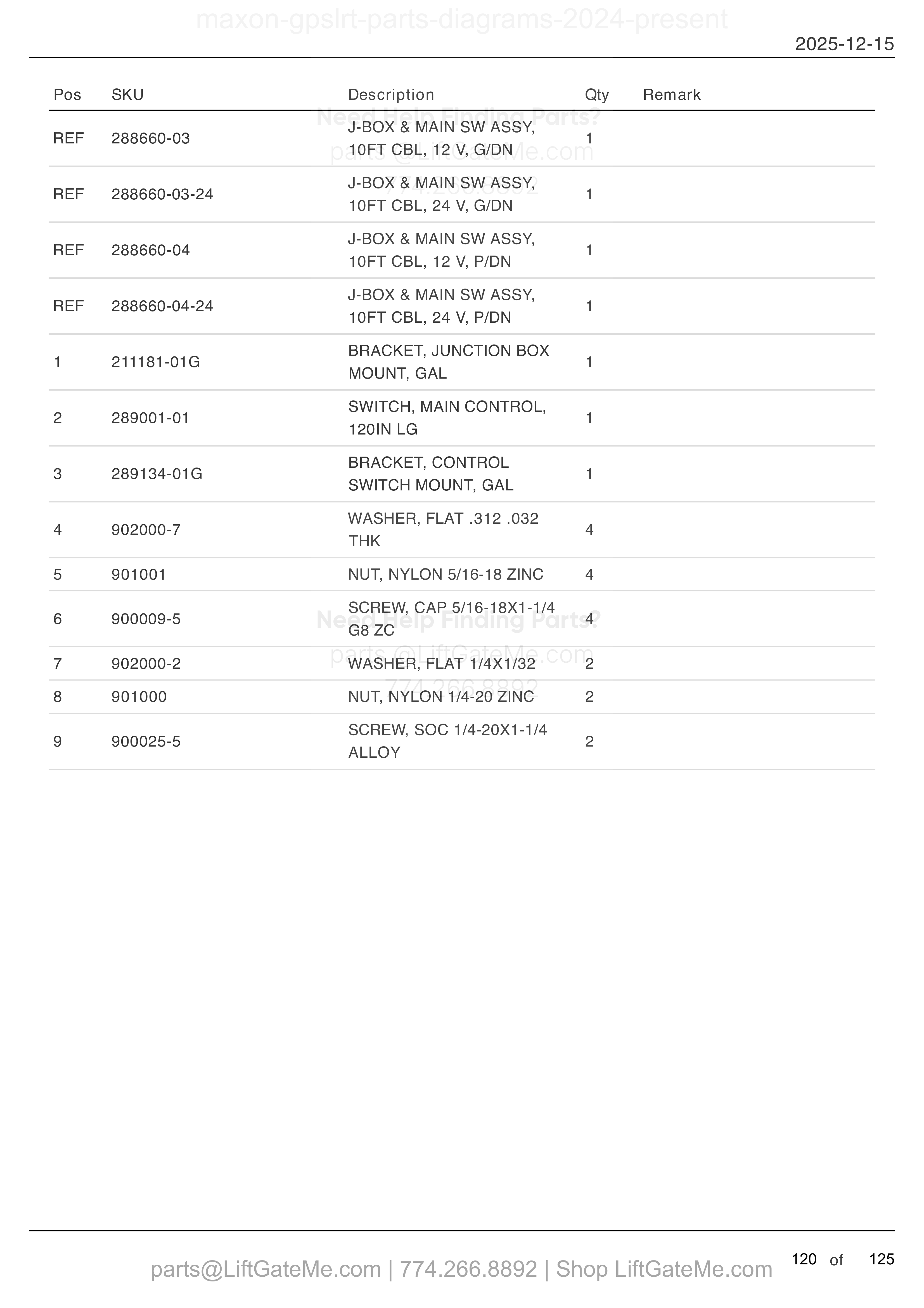 J-BOX AND MAIN SWITCH ASSEMBLY — MAR 2024 to present parts table