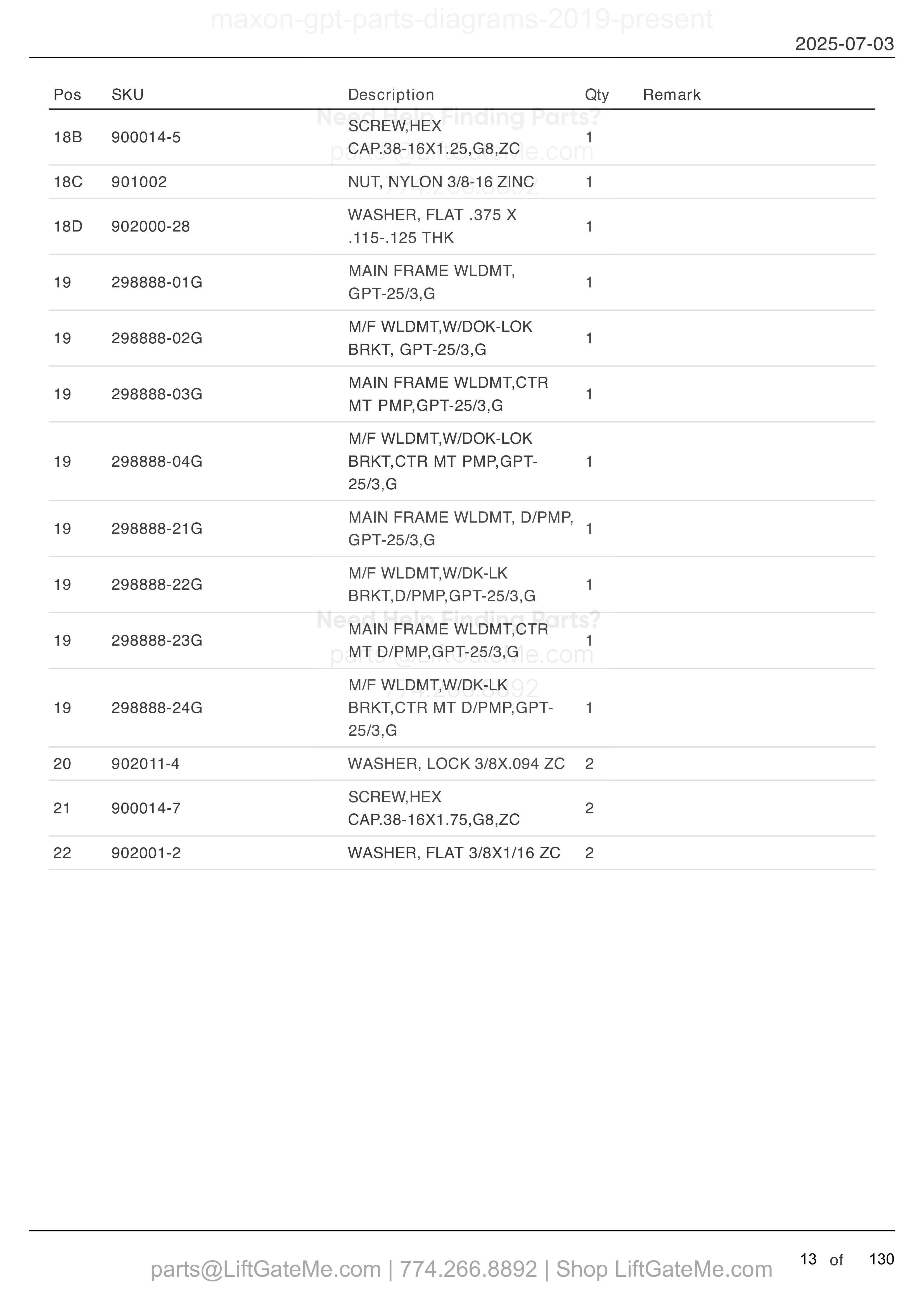 MAIN ASSEMBLY: GPT-25, GPT-3, GPTWR-25 AND GPTWR-3 (continued) parts table