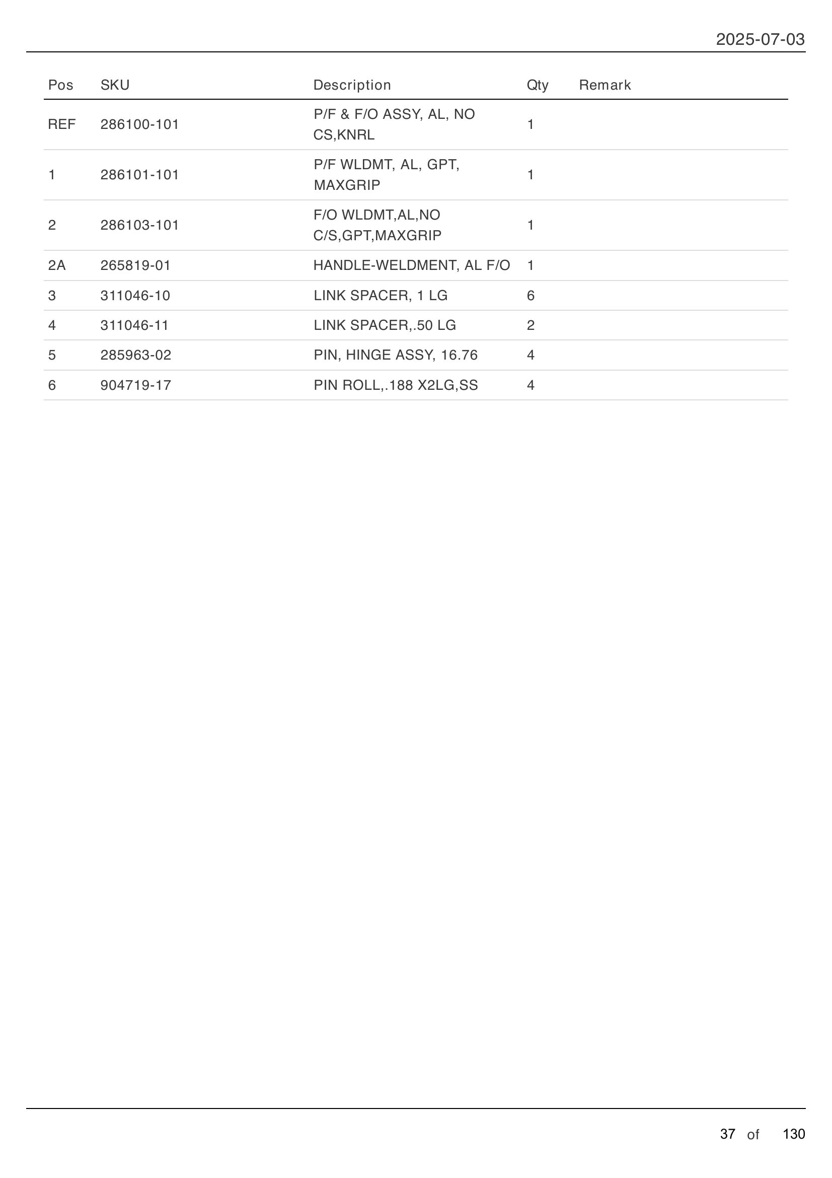 PLATFORM AND FLIPOVER ASSEMBLY parts table