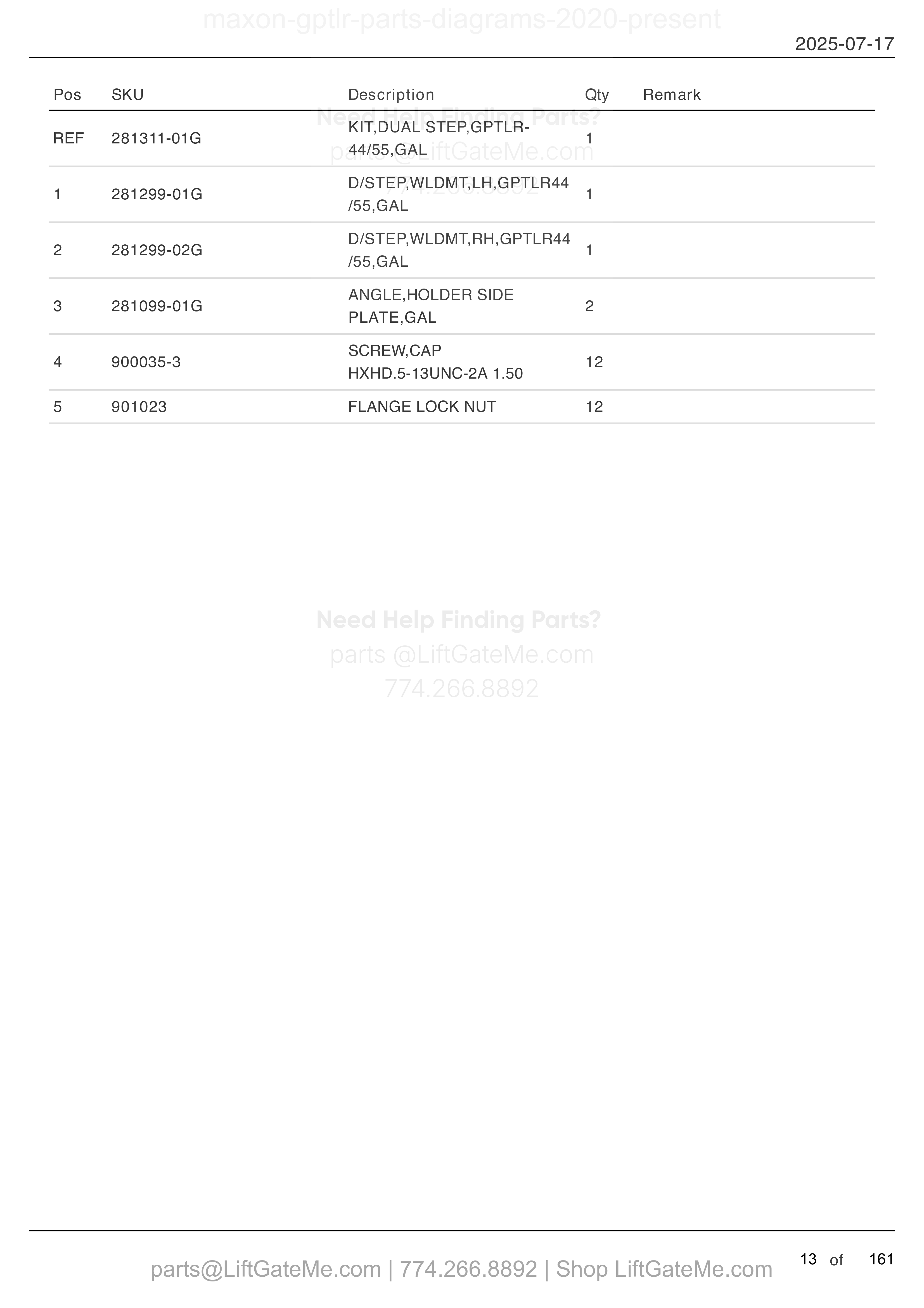 SIDE STEP: GPTLR-44 AND GPTLR-55 parts table