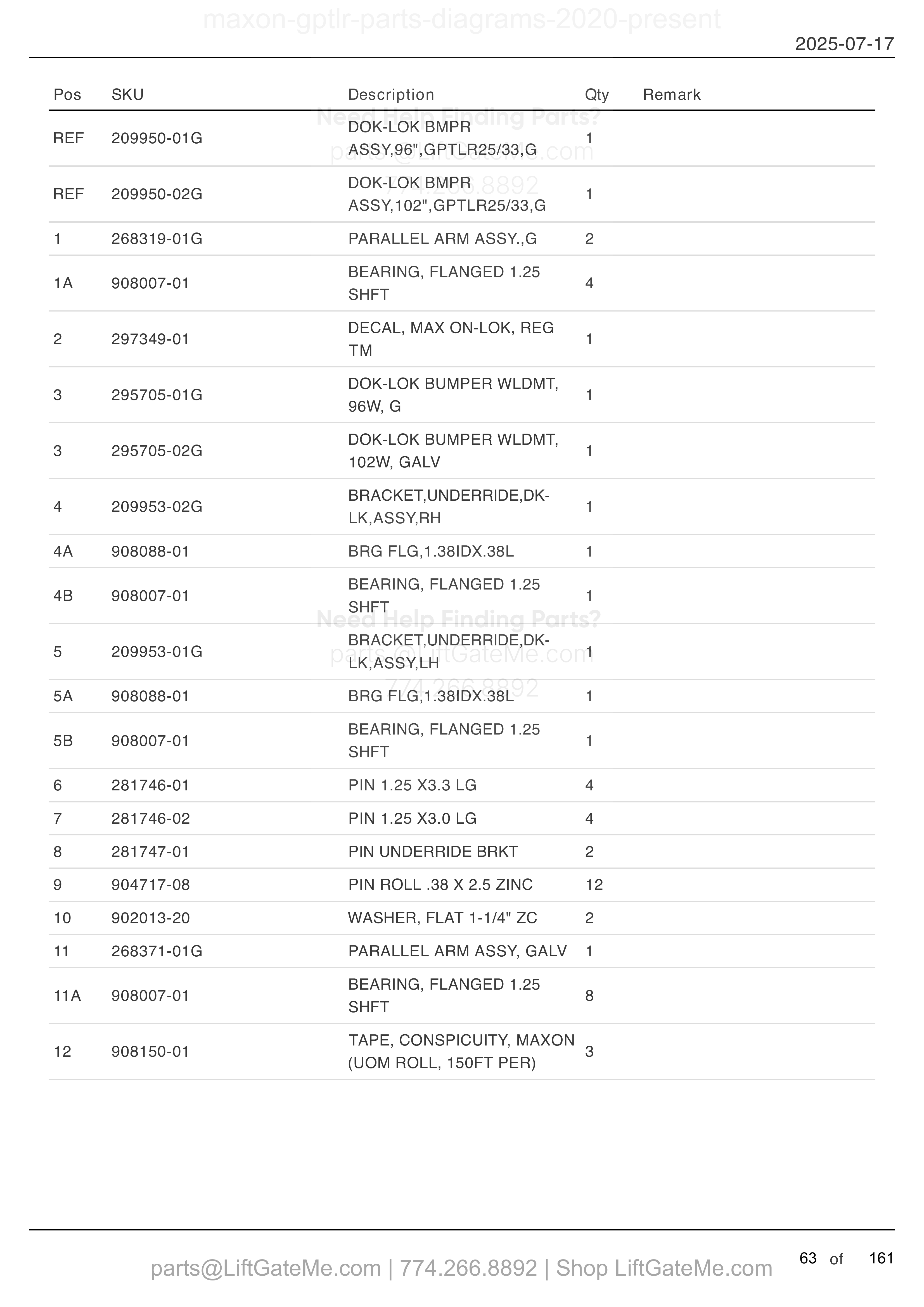 DOK-LOK: GPTLR-25 AND GPTLR-33 parts table