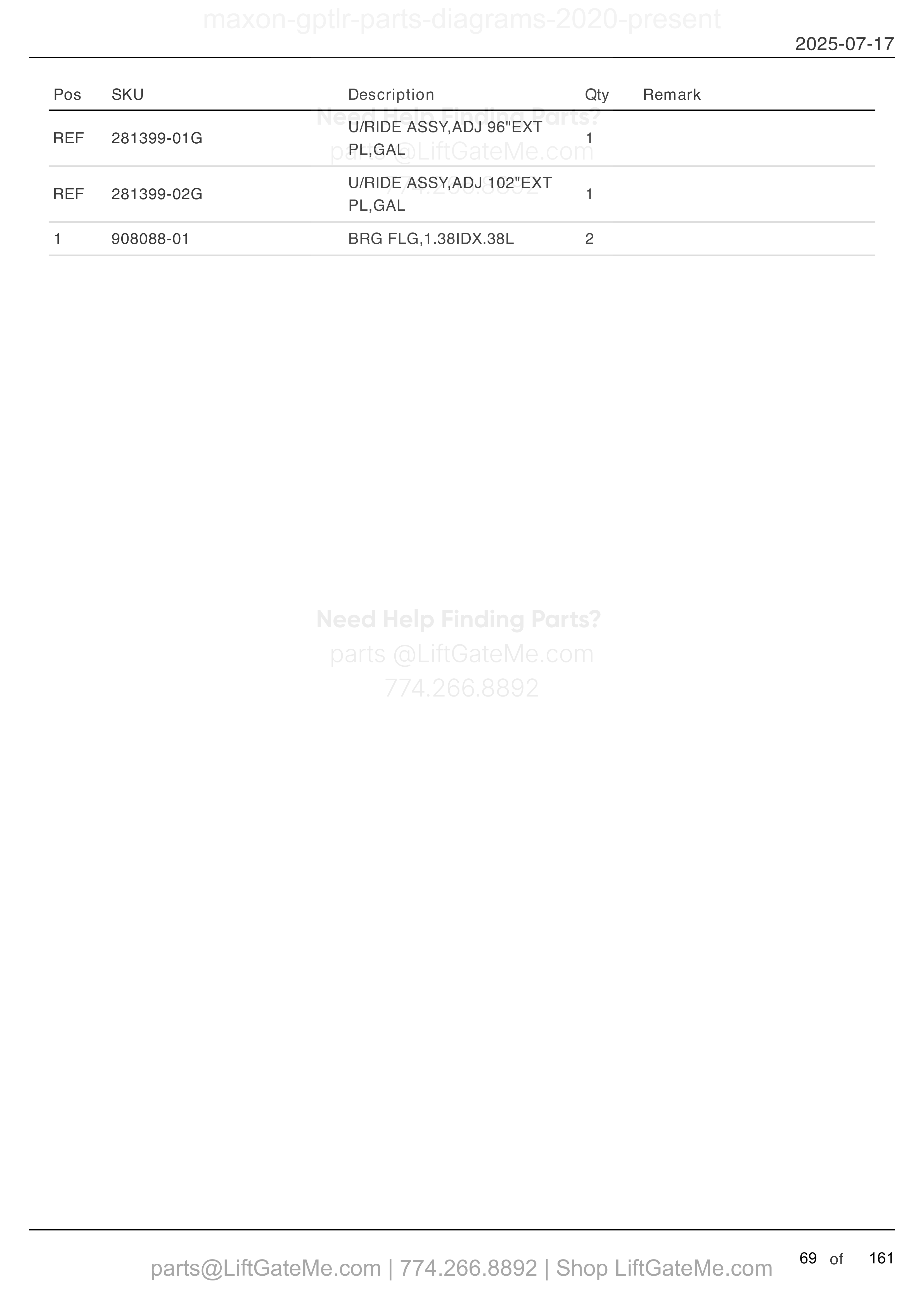 UNDERRIDE: GPTLR-44 AND GPTLR-55 parts table