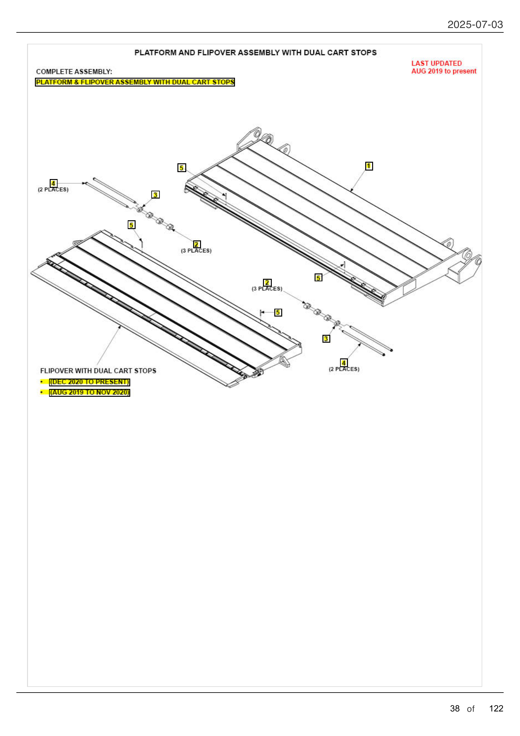 PLATFORM AND FLIPOVER ASSEMBLY WITH DUAL CART STOPS diagram