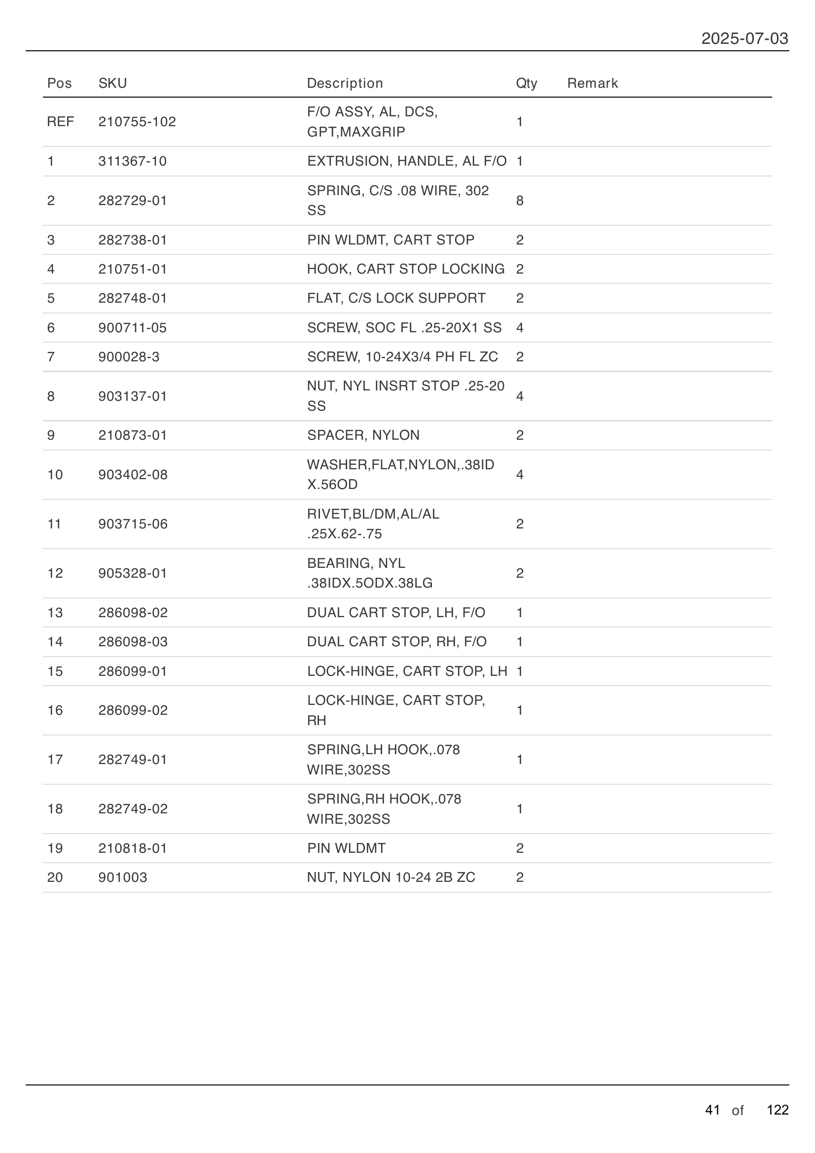FLIPOVER WITH DUAL CART STOPS parts table