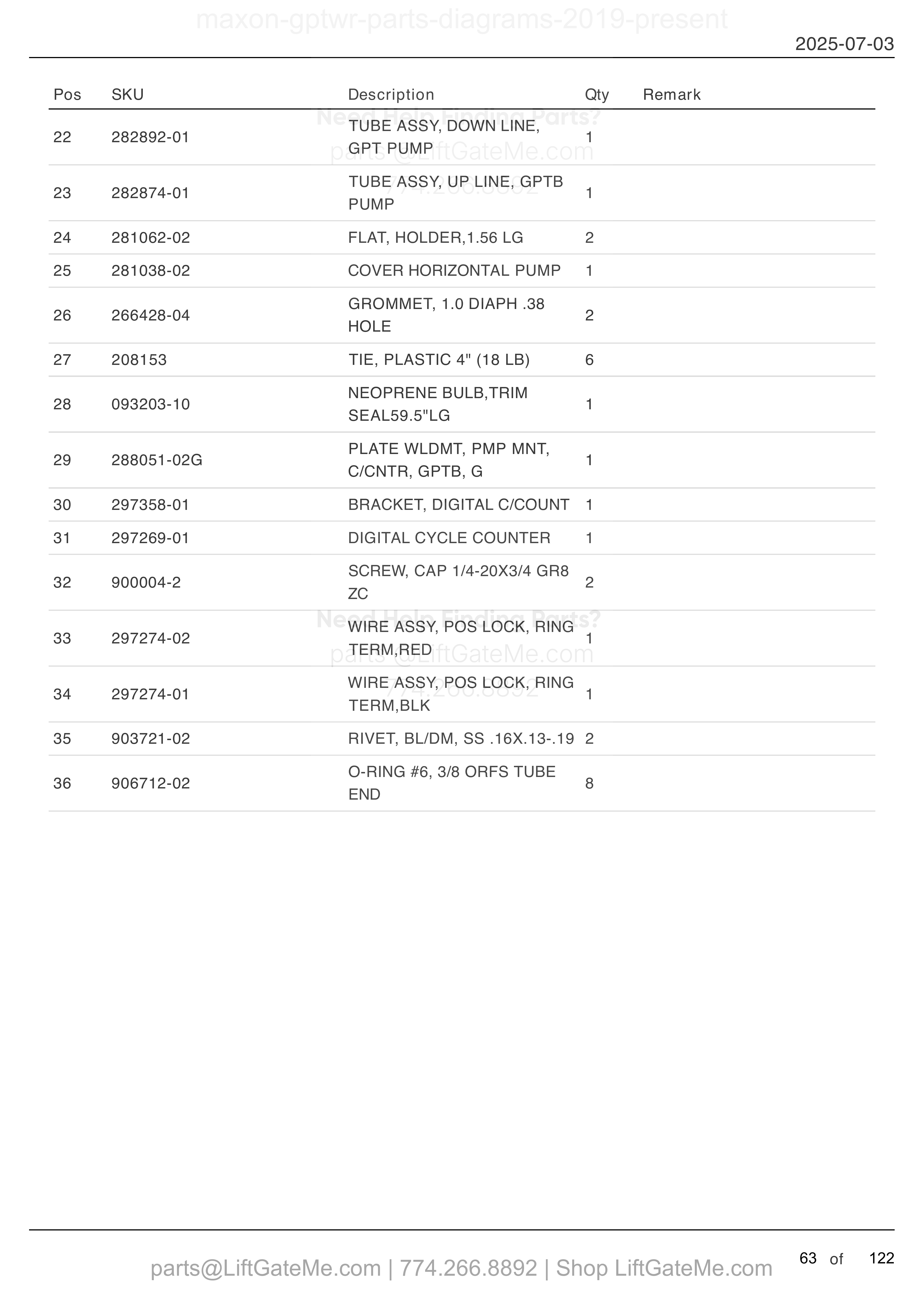 SINGLE PUMP ASSEMBLY (continued) parts table