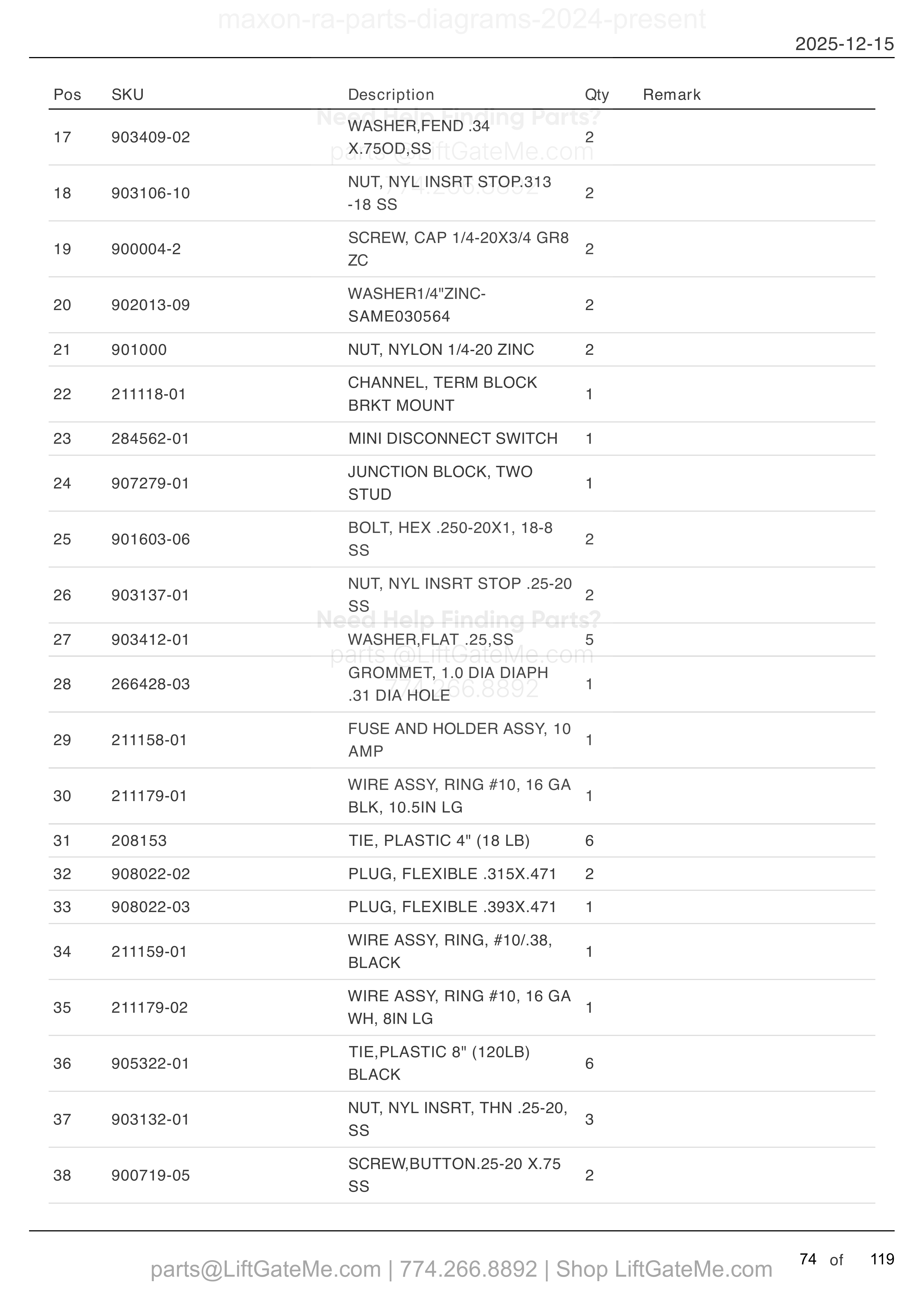 SINGLE PUMP ASSEMBLY (continued) parts table