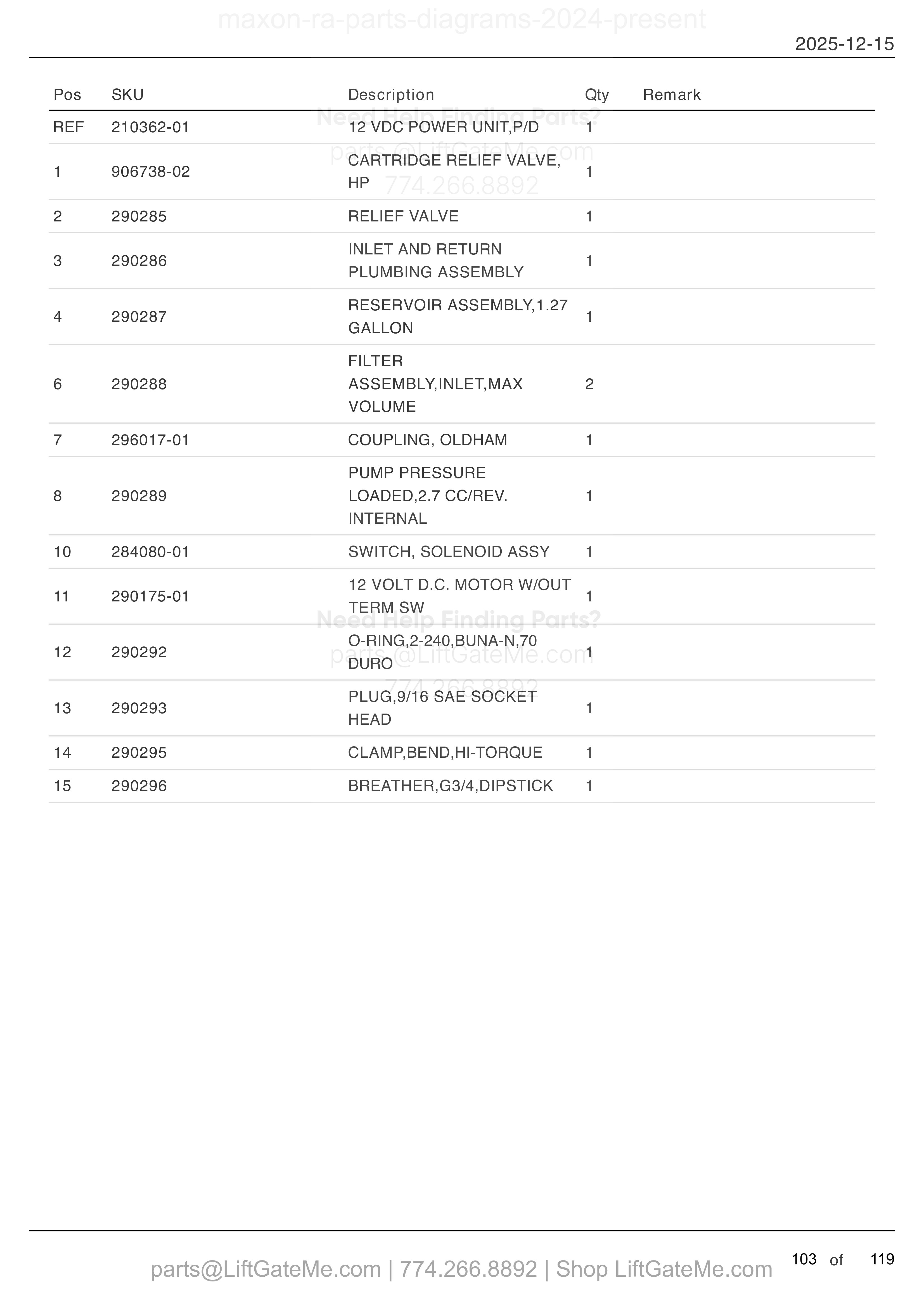 12 VDC POWER UNIT parts table