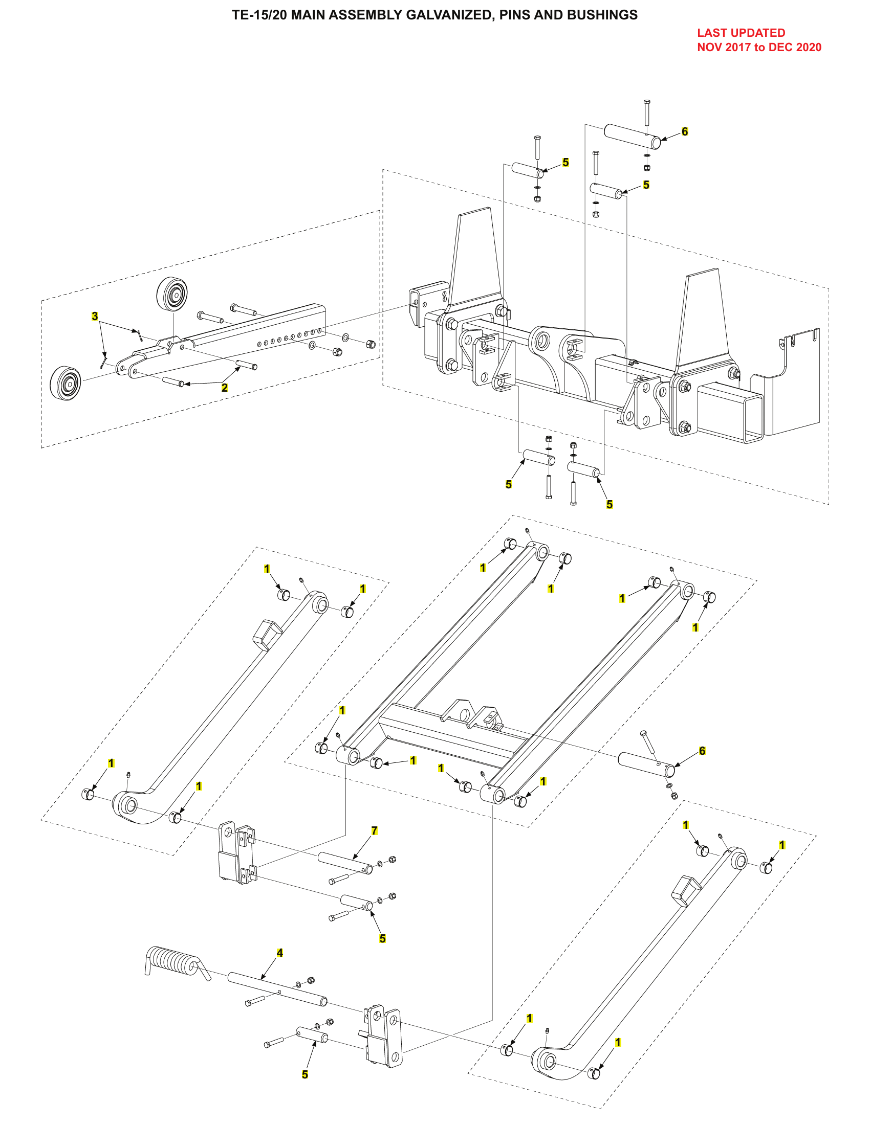 TE-15/20 MAIN ASSEMBLY GALVANIZED, PINS AND BUSHINGS diagram