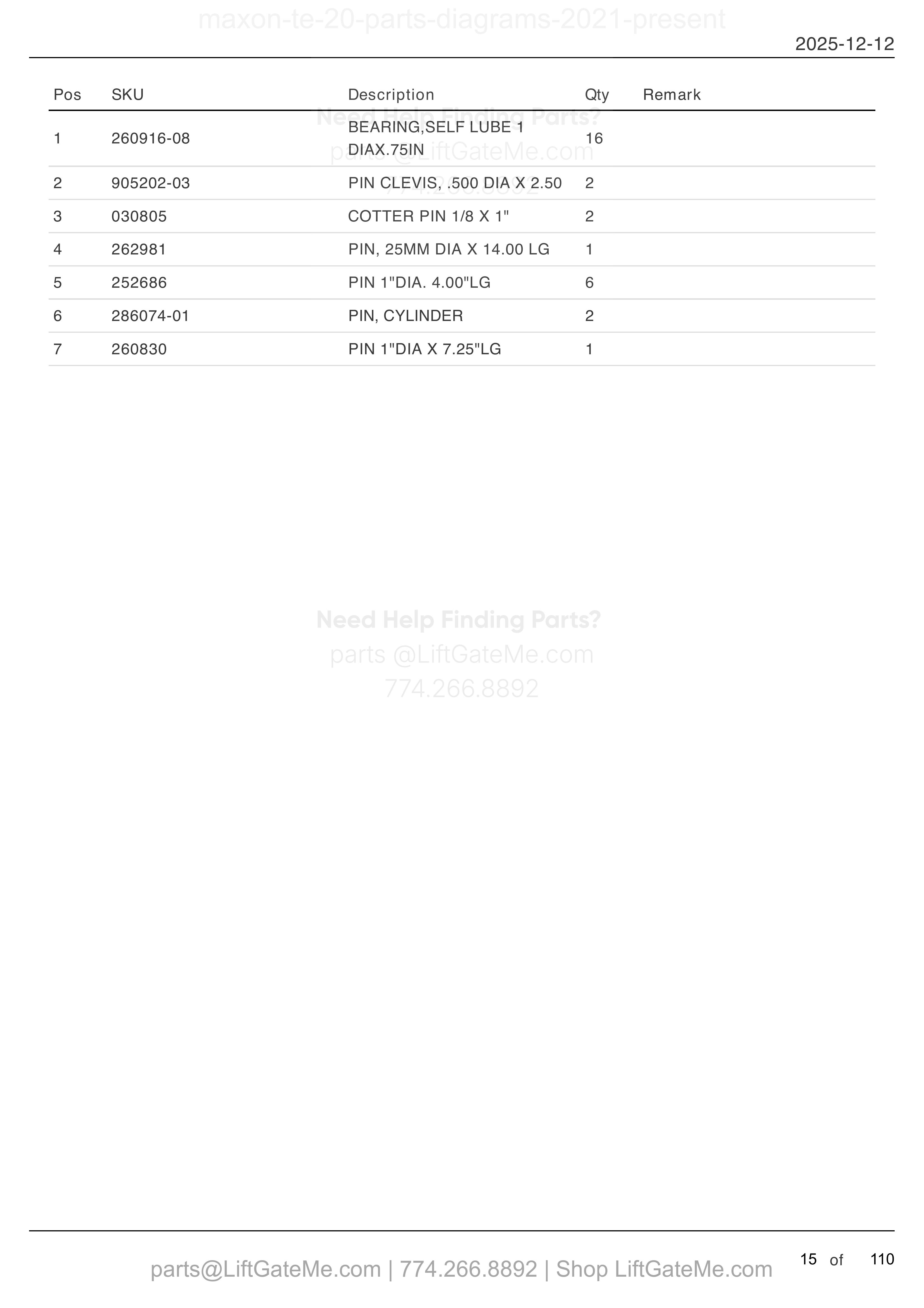 TE-20 MAIN ASSEMBLY GALVANIZED, PINS AND BUSHINGS parts table