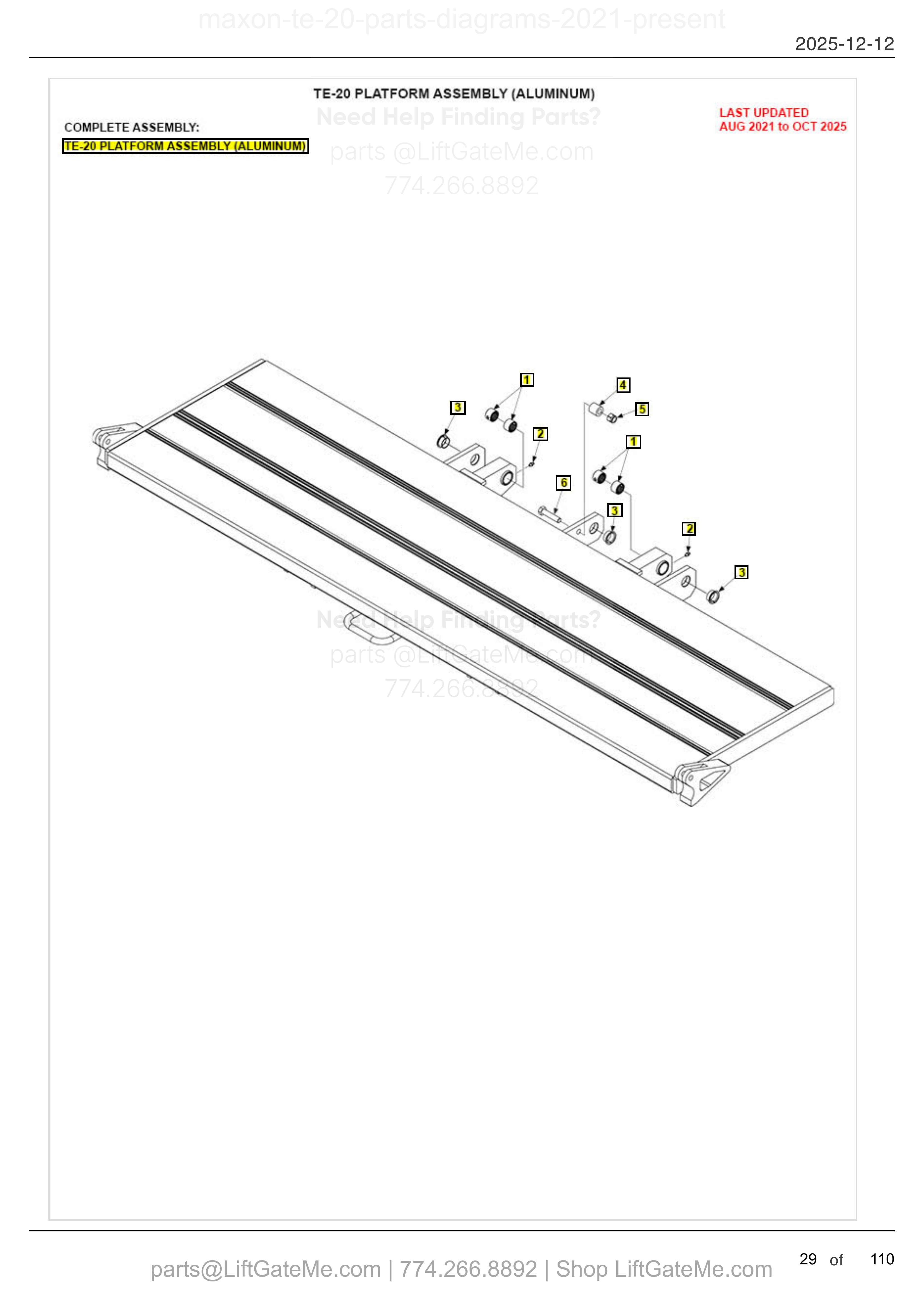 TE-20 PLATFORM ASSEMBLY (ALUMINUM) diagram