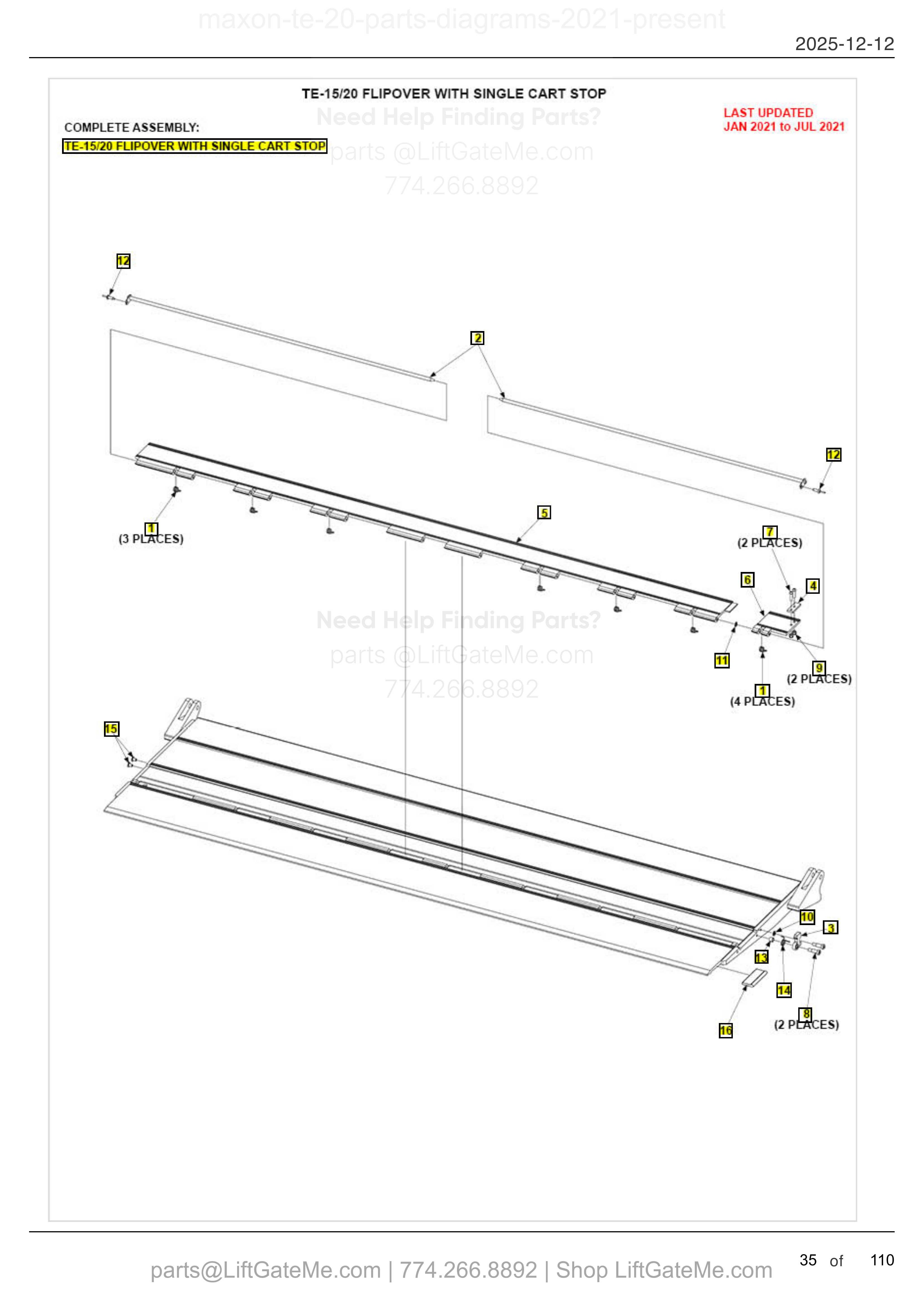 TE-15/20 FLIPOVER WITH SINGLE CART STOP diagram