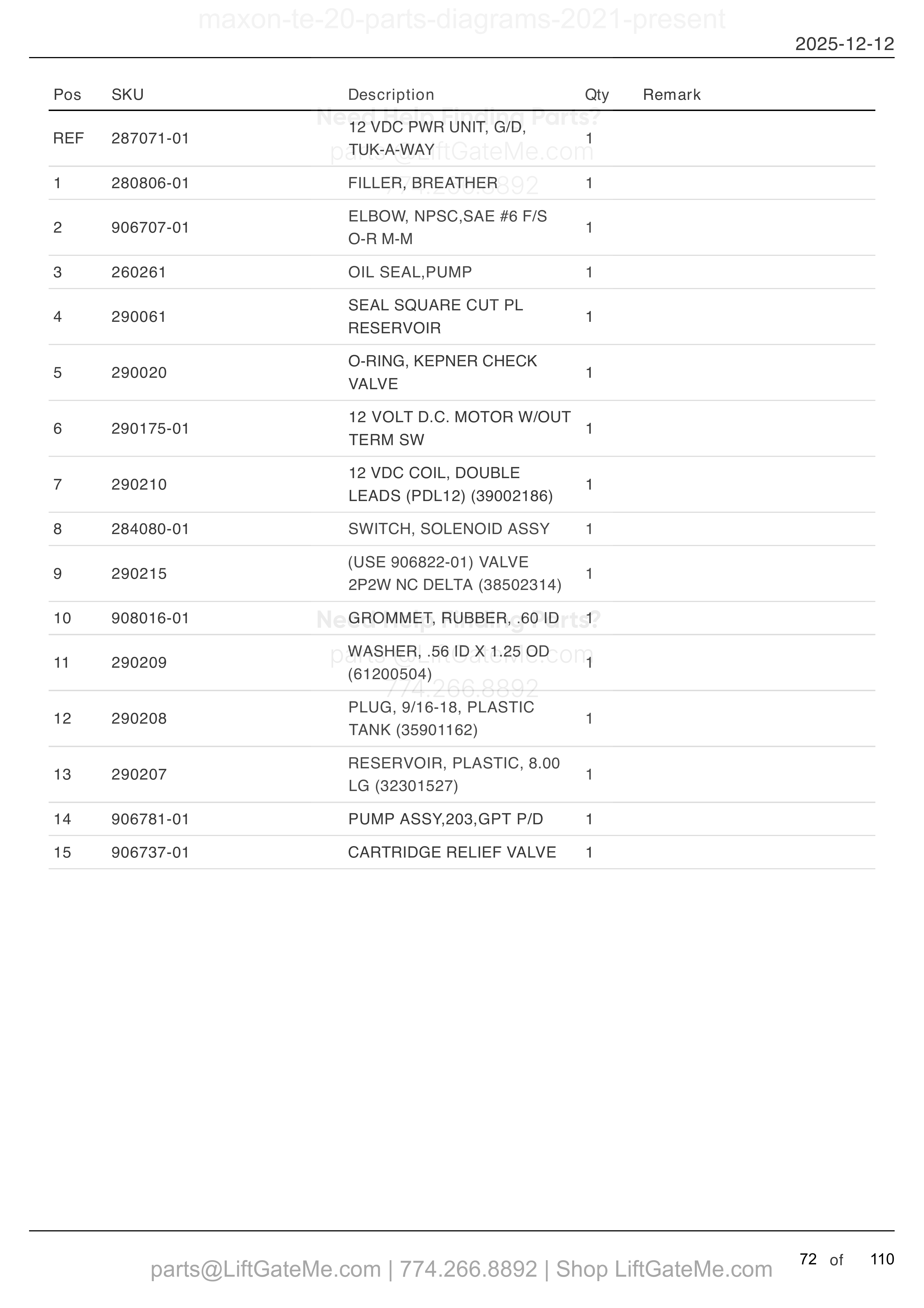 TE-20 12 VDC POWER UNIT (GRAVITY DOWN) parts table