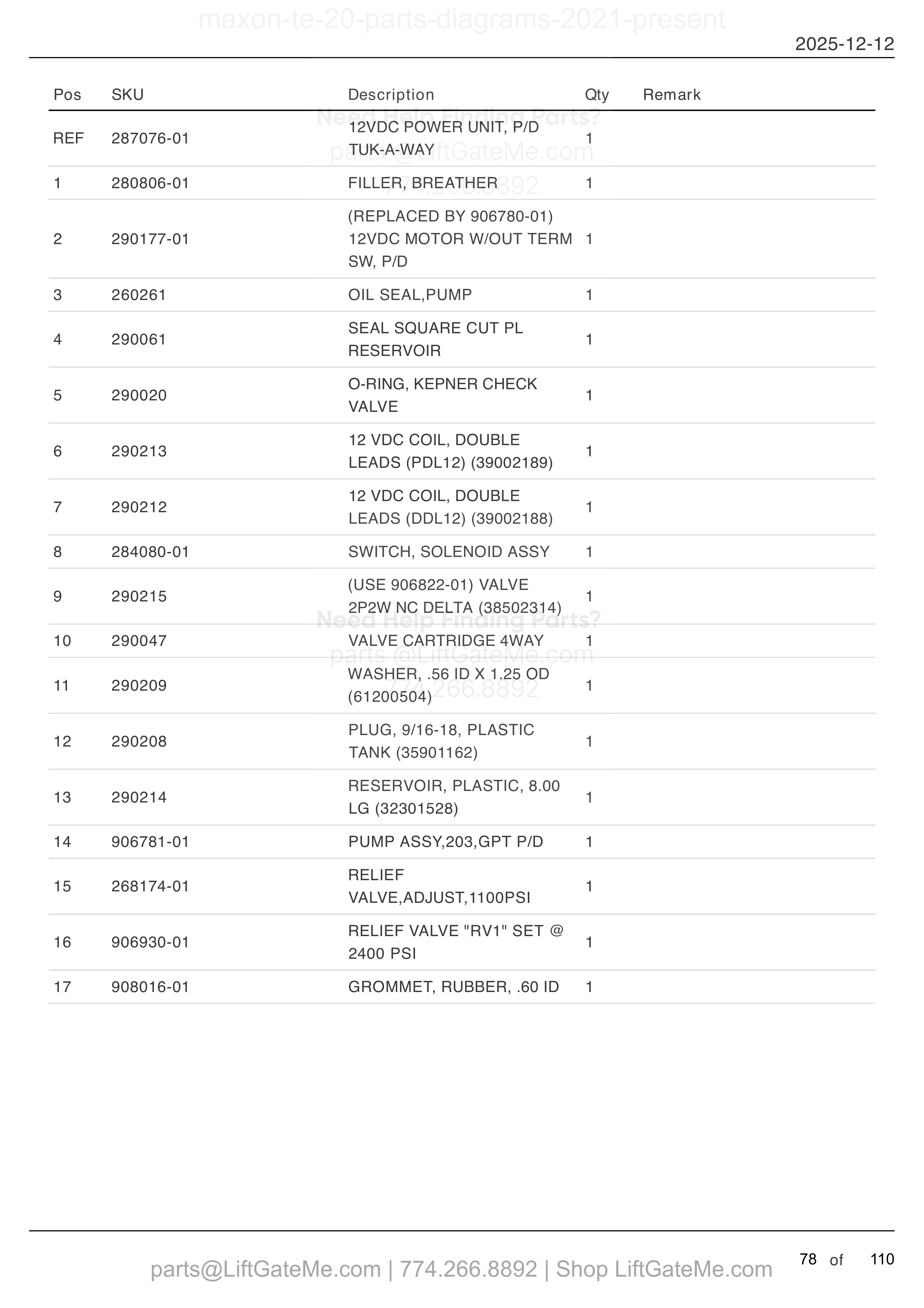 TE-20 12 VDC POWER UNIT (POWER DOWN) parts table