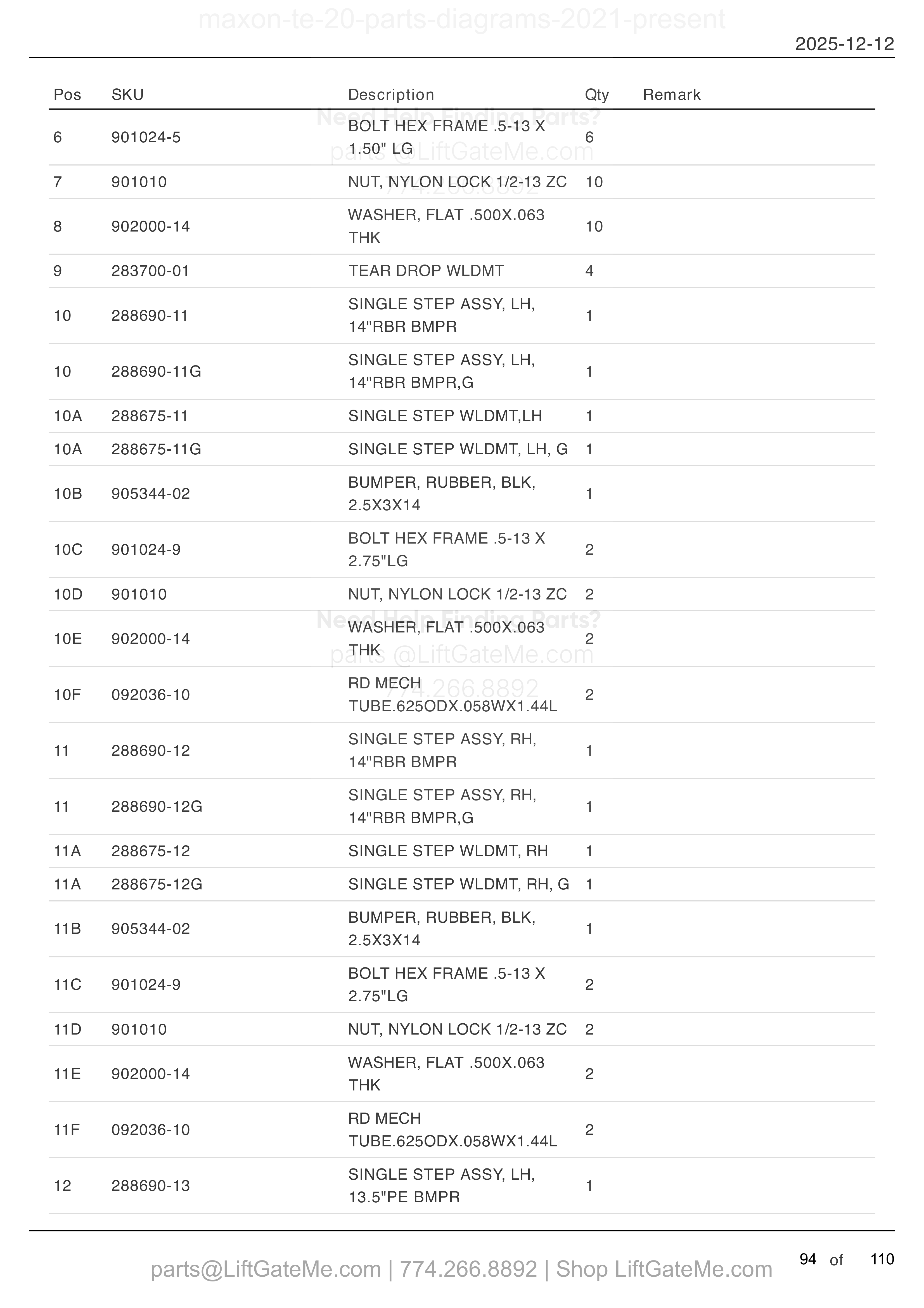 SINGLE STEP KITS parts table