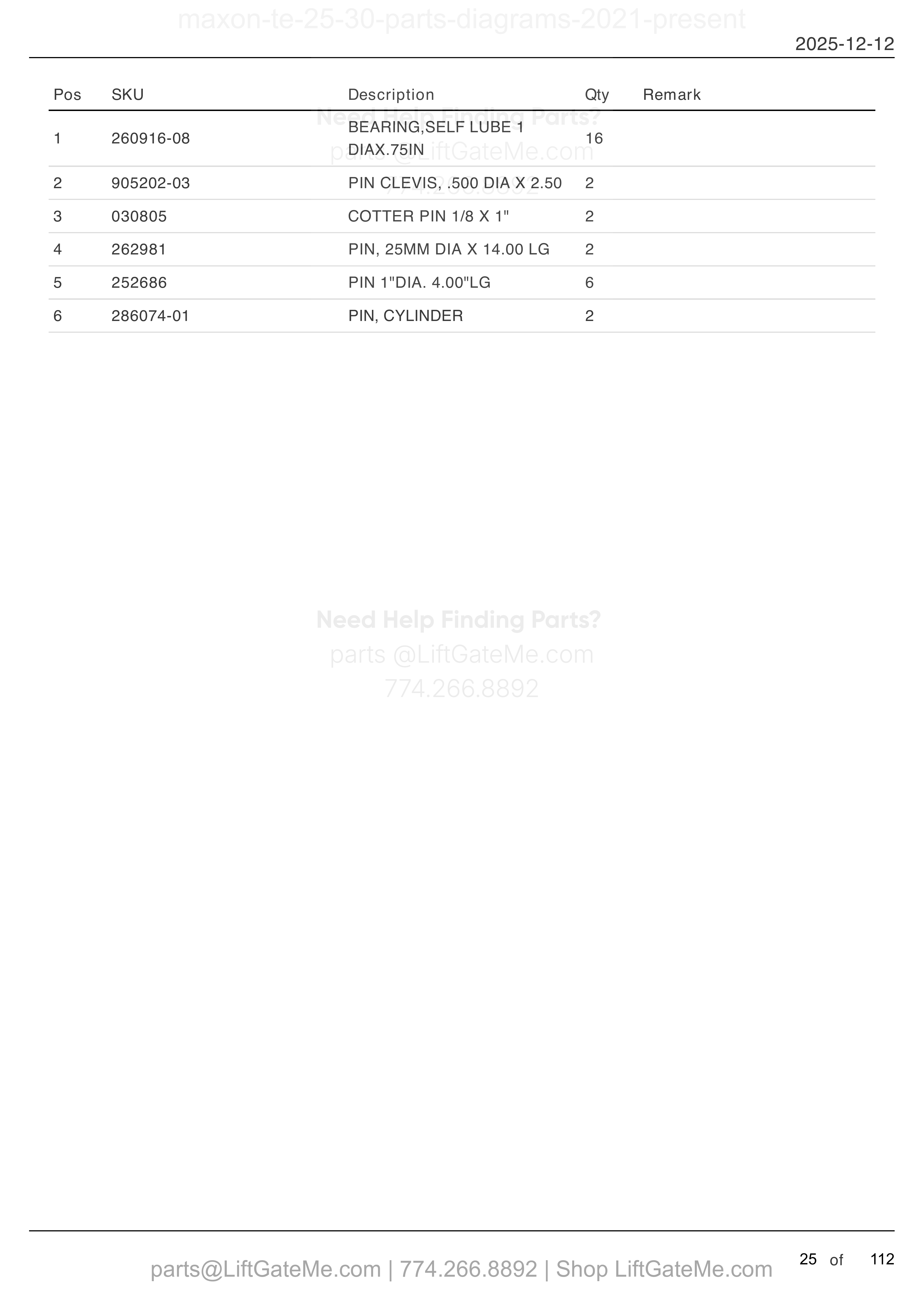 TE-25/30 MAIN ASSEMBLY GALVANIZED WITH DUAL TORSION SPRINGS, PINS AND BUSHINGS parts table