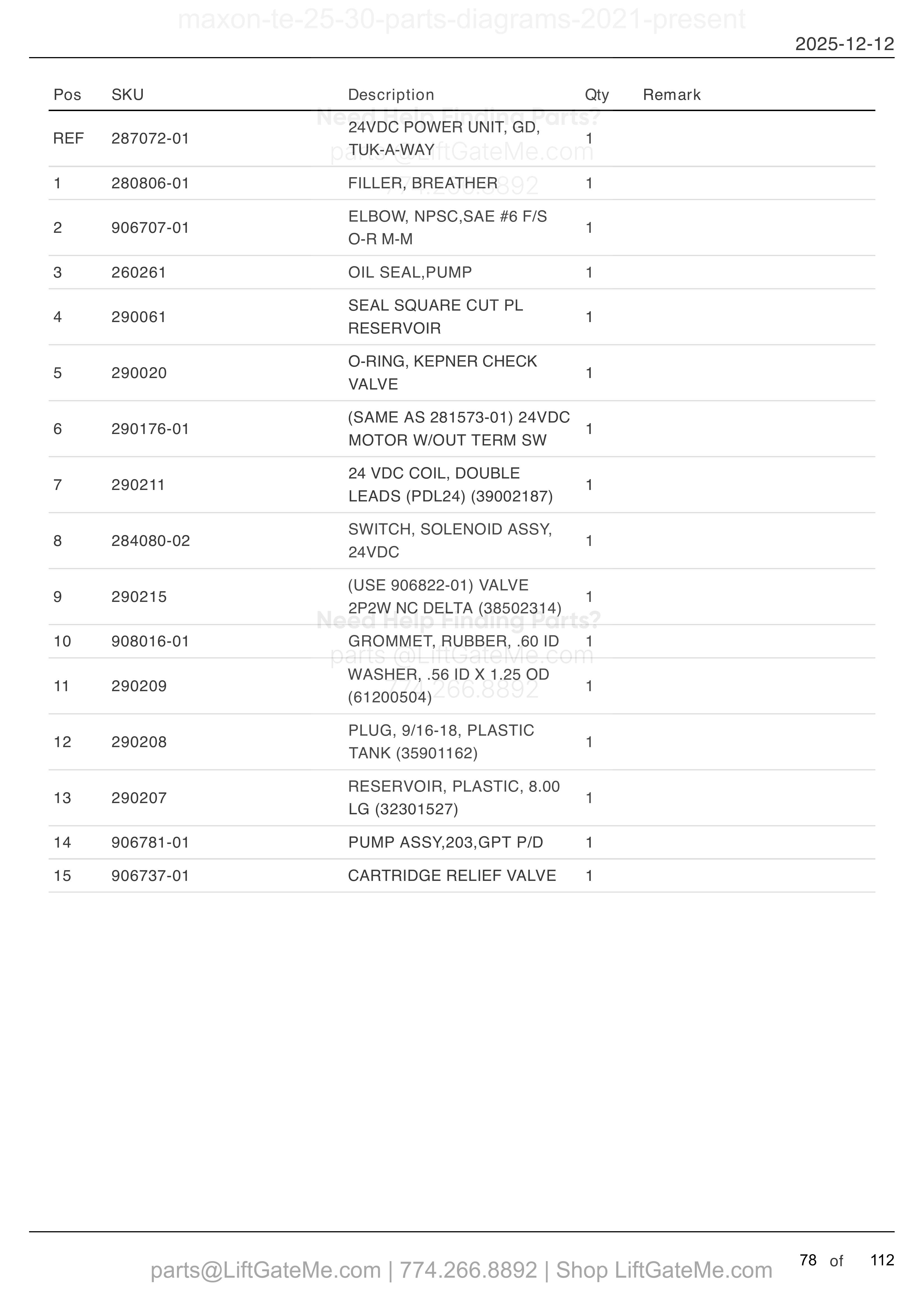 TE-25/30 24 VDC POWER UNIT (GRAVITY DOWN) parts table