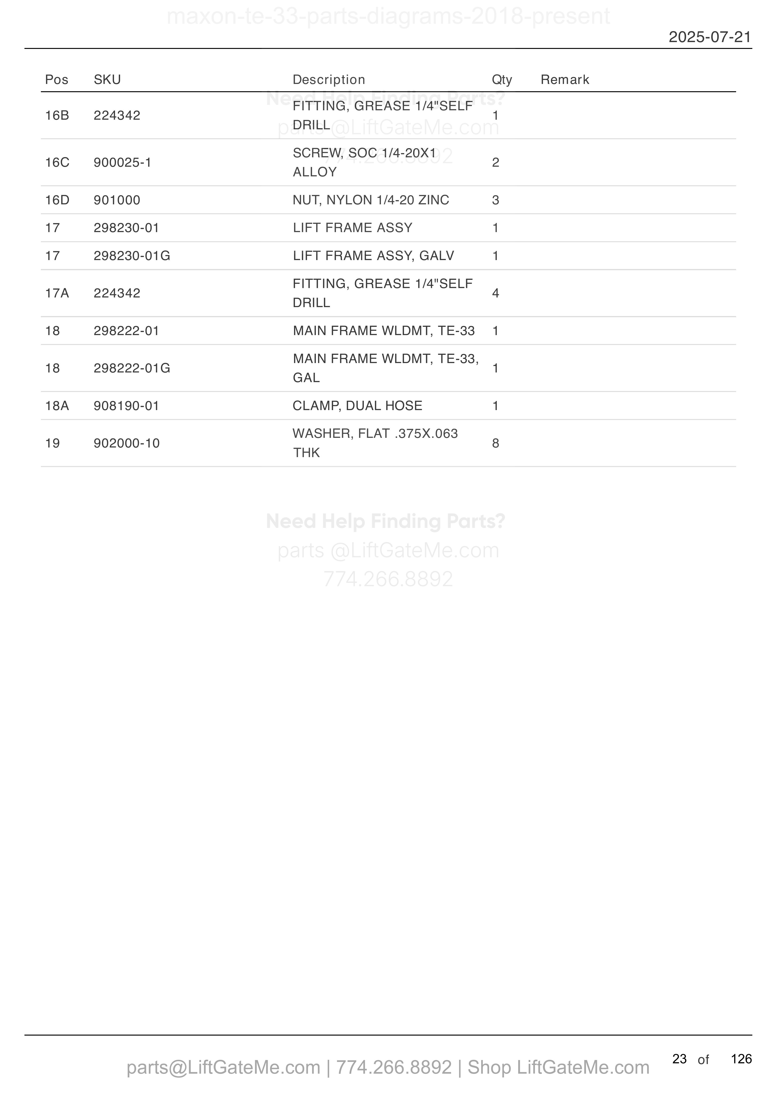 MAIN ASSEMBLY (BOLT-ON) (continued) parts table