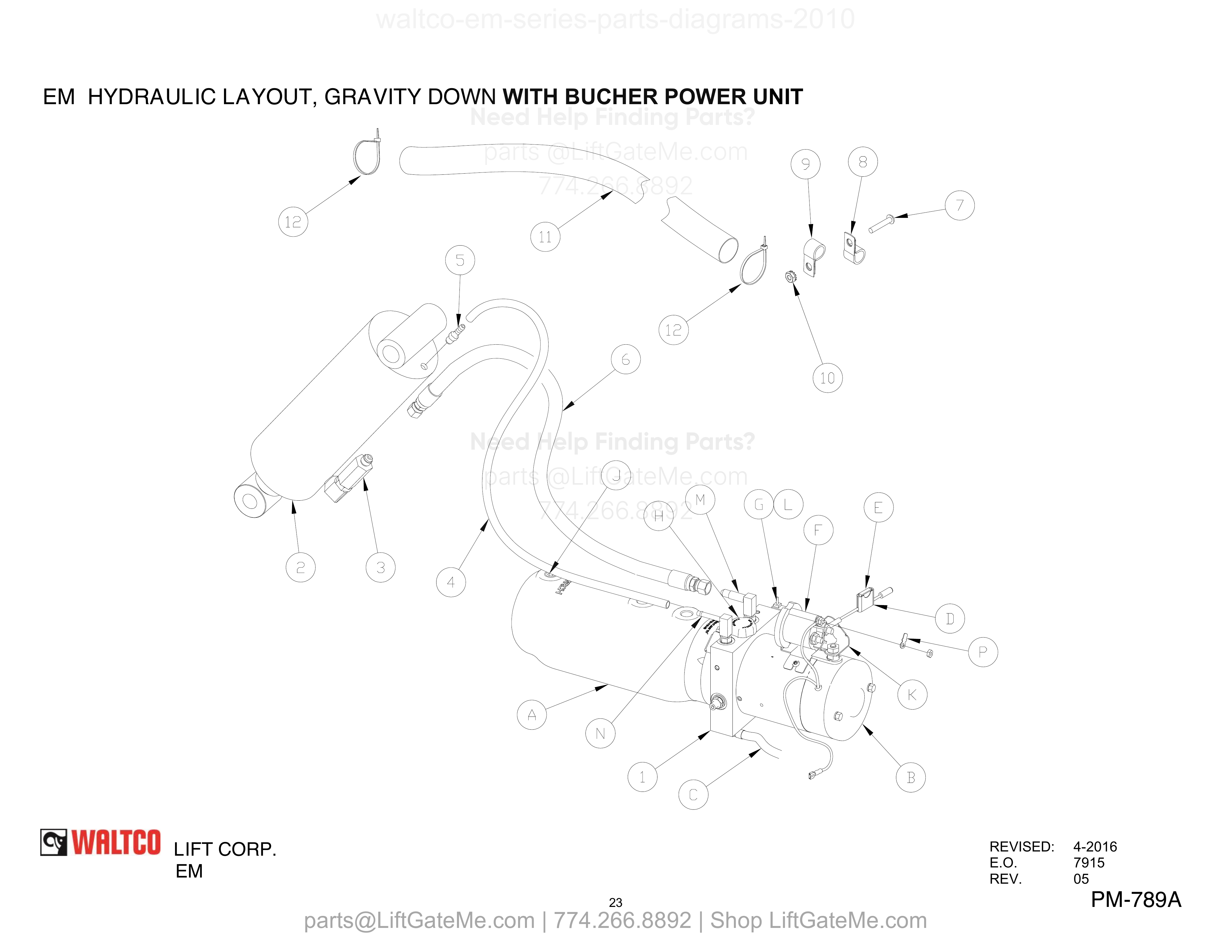 EM Hydraulic Layout, Gravity Down With Bucher Power Unit diagram
